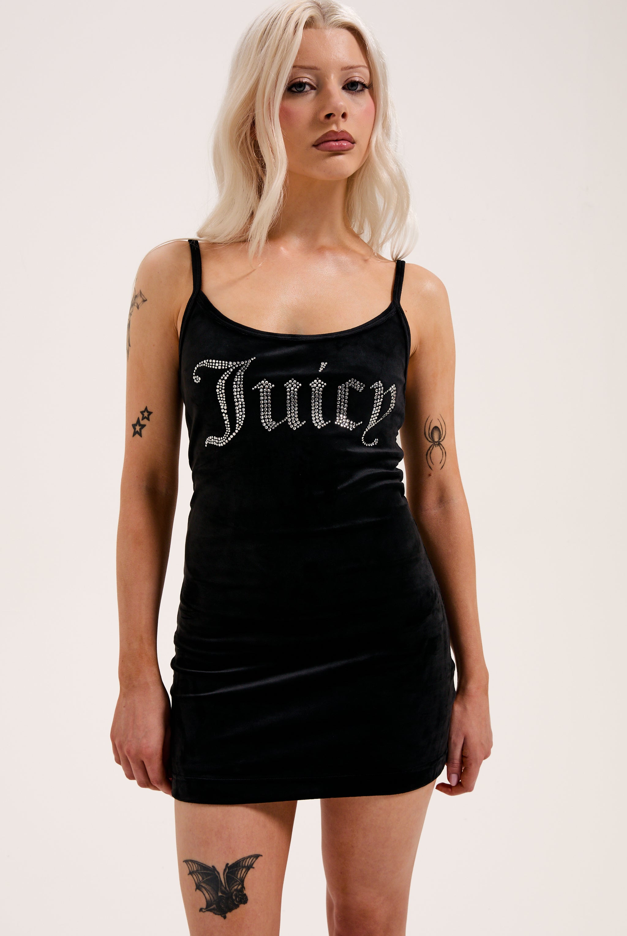 BLACK DIAMANTÉ VELOUR STRAPPY DRESS - L White