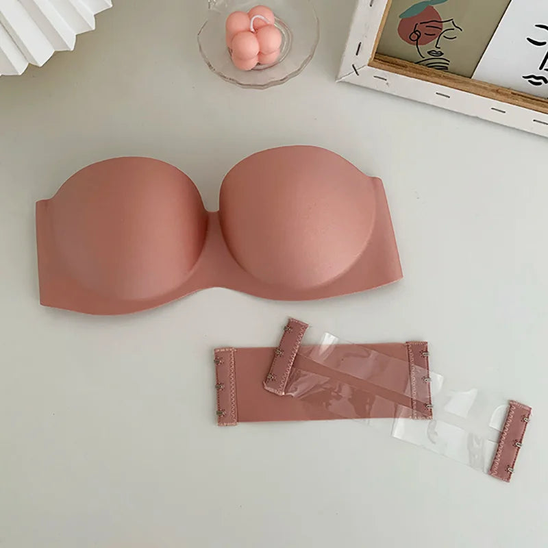 FINETOO Sexy Strapless Bras Women Wireless Bralette Soft Female Underwear Ladies Seamless Bras Invisible Bra - Pink with straps One Size