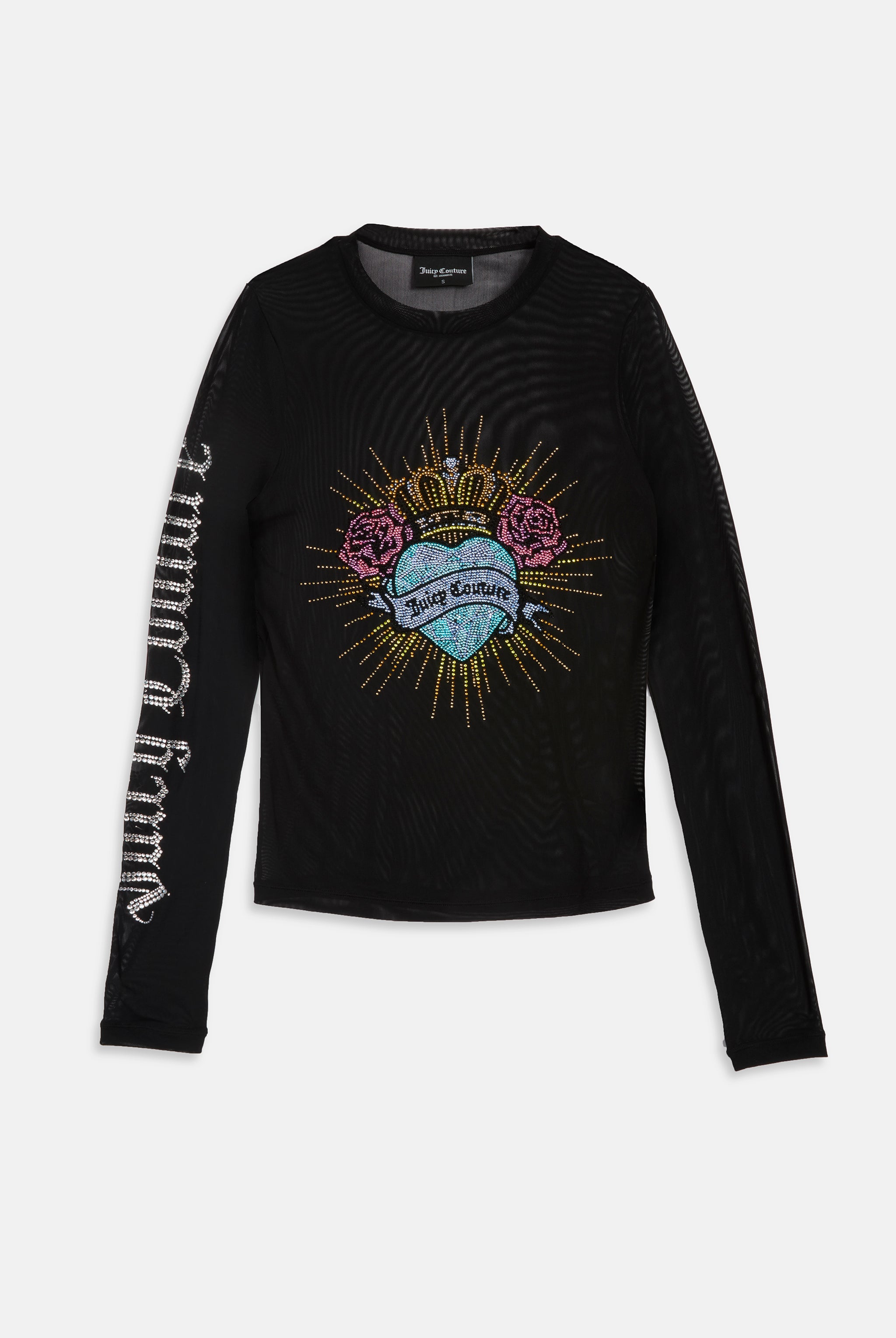 BLACK SACRED HEART MESH DIAMANTÉ LONG SLEEVE TOP - L Black