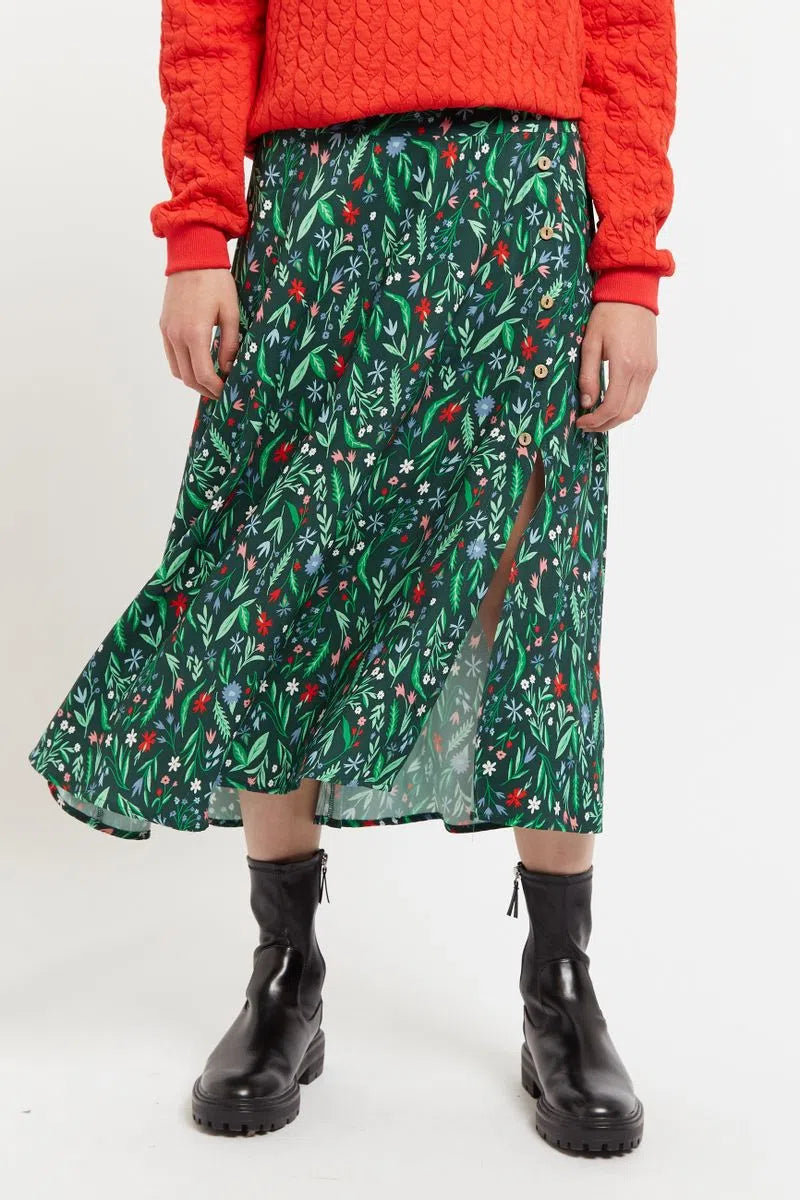 Louche Barney Folk Floral Print Midi Skirt in Multi - Green