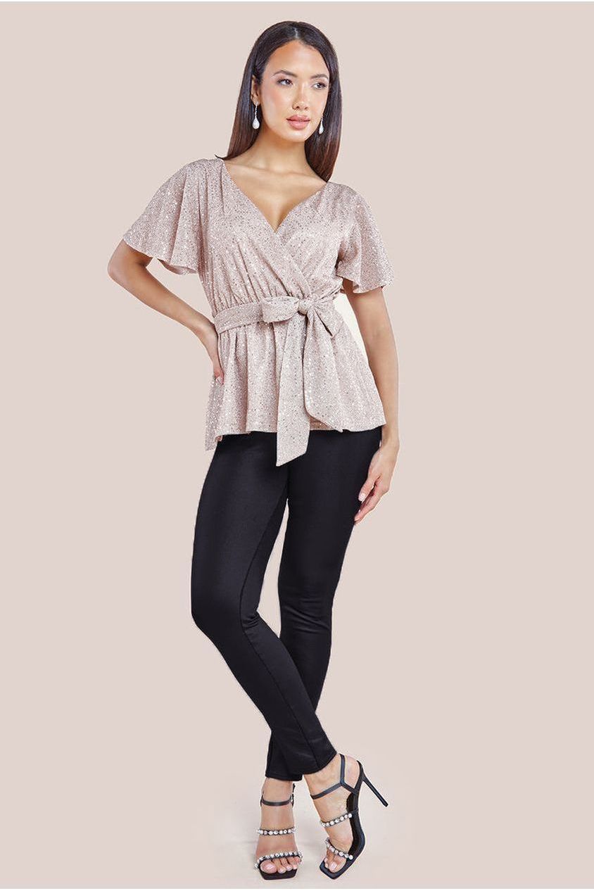 Goddiva Lurex Flutter Sleeve Wrap Top