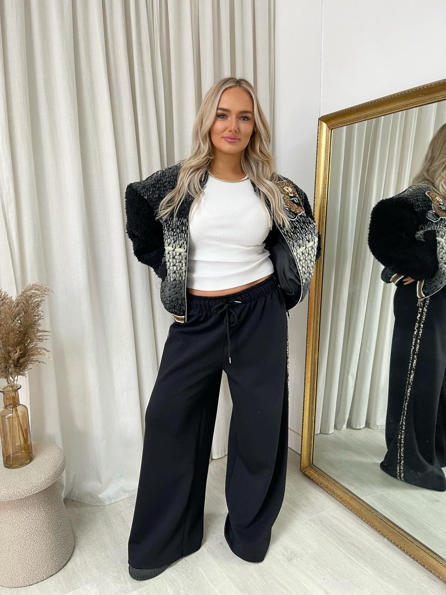 Wide Leg Lounge Trousers with Leopard Trim - Black ONE SIZE -