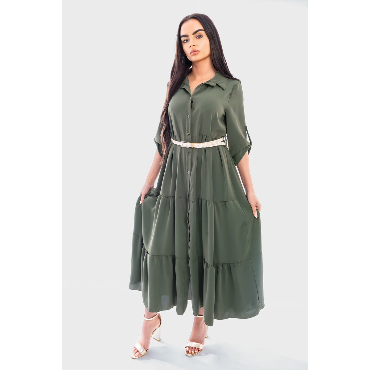 Belted Button Down Tiered Maxi Dress - Khaki SM