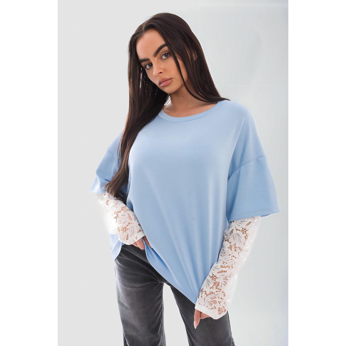Oversized Long Sleeve Lace Detail Top - SKY BLUE SM