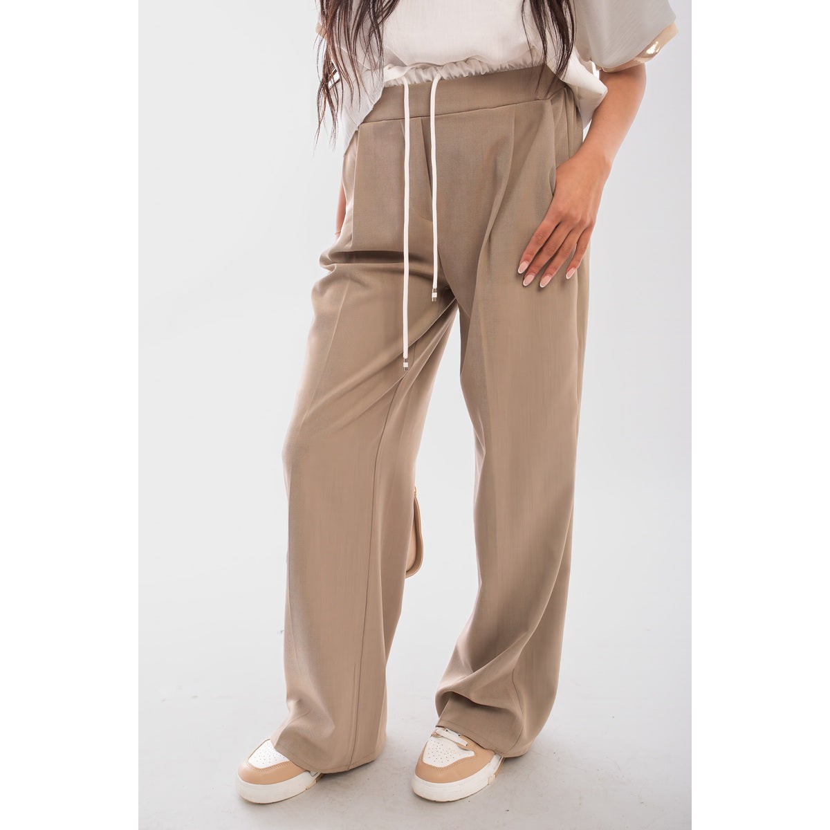 Double Waist Band Drawstring Wide Leg Trousers - Beige ML