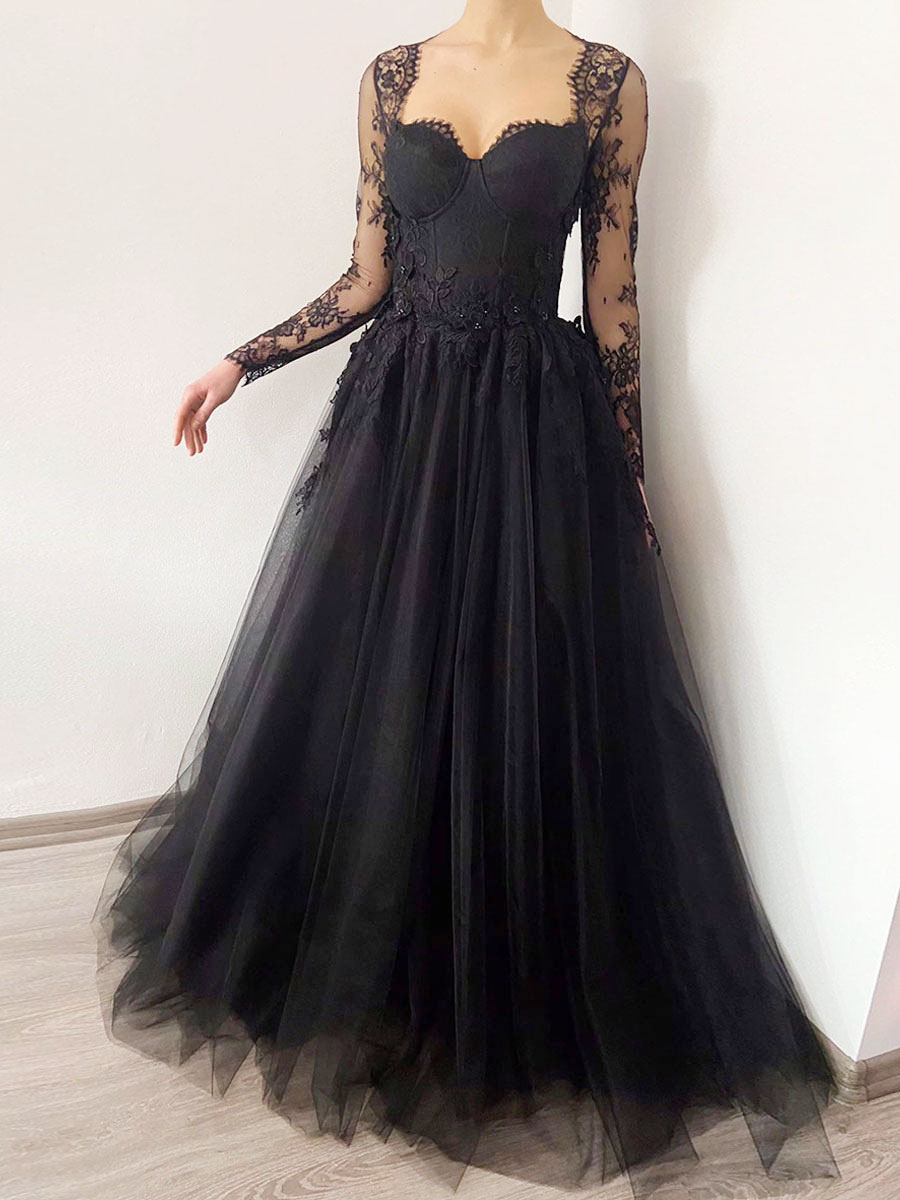 Black Wedding Dresses Lace A-Line Long Sleeves Bridal Dress With Train Free Customization