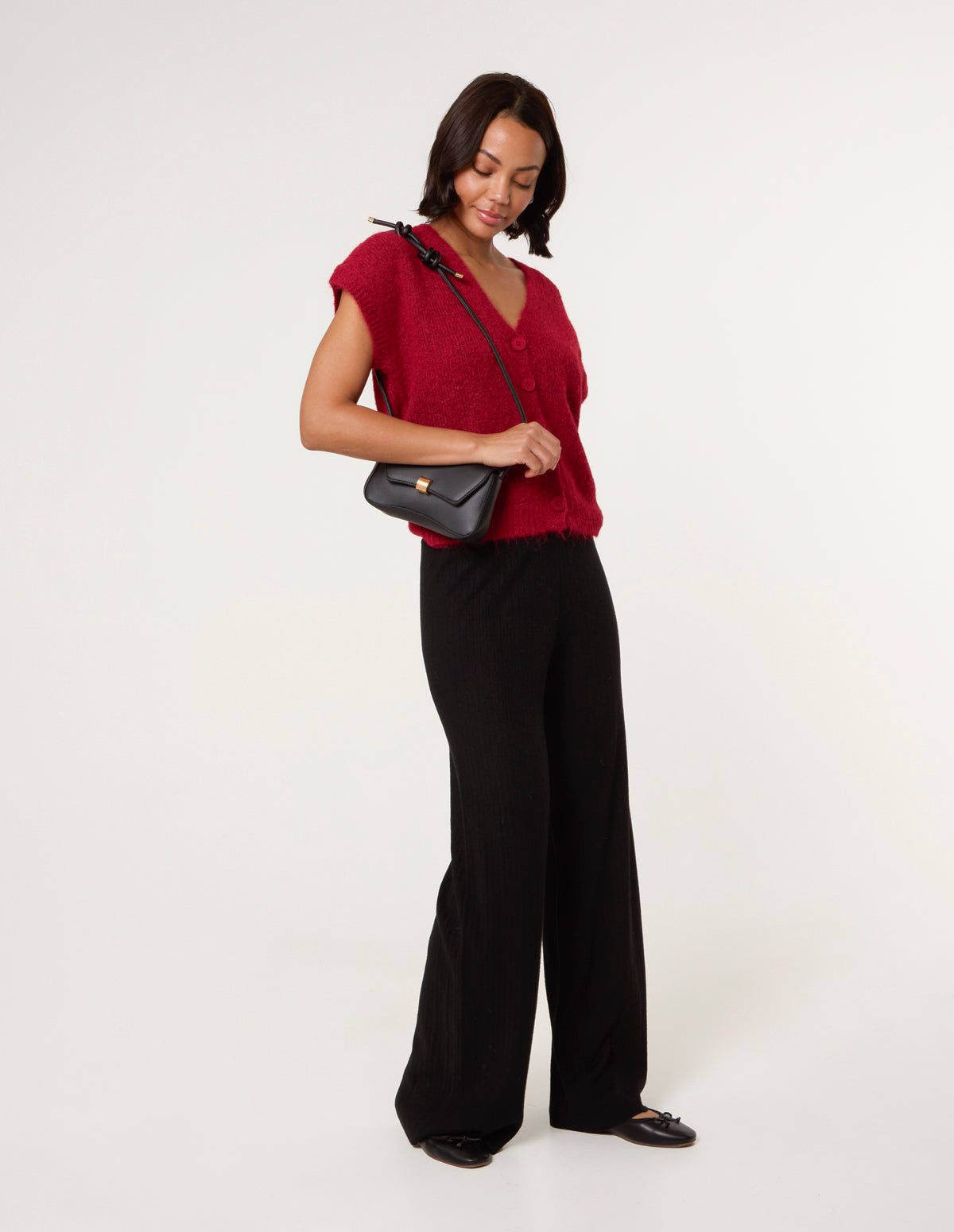 Ribbed Wide Leg Trousers - BLACK