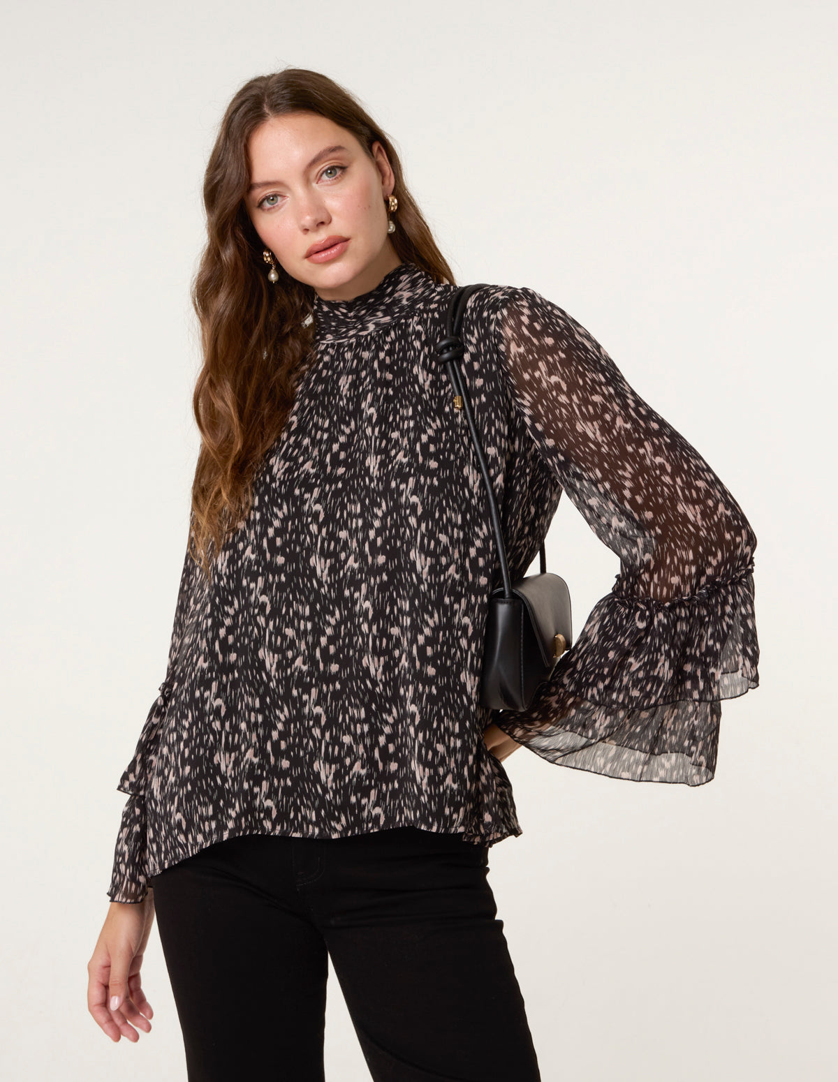 Frill Sleeve Blouse - L BLACK PATTERN