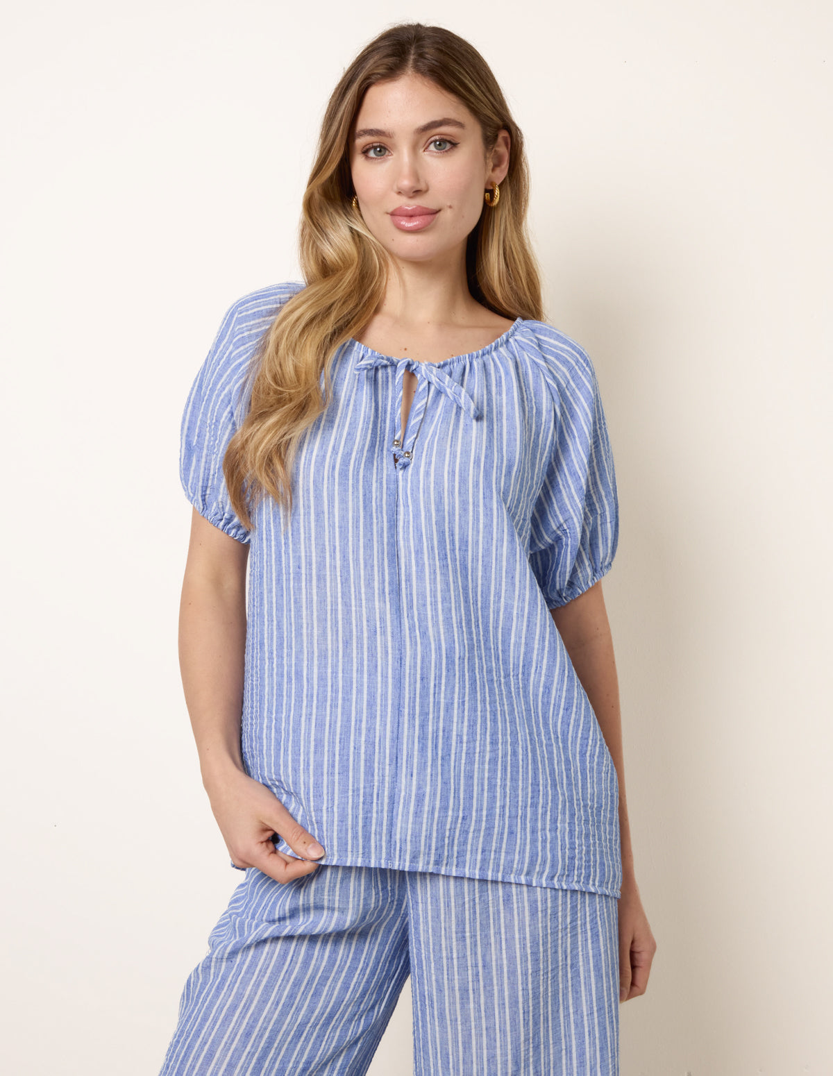 Tie Front Stripe Blouse - S DENIM