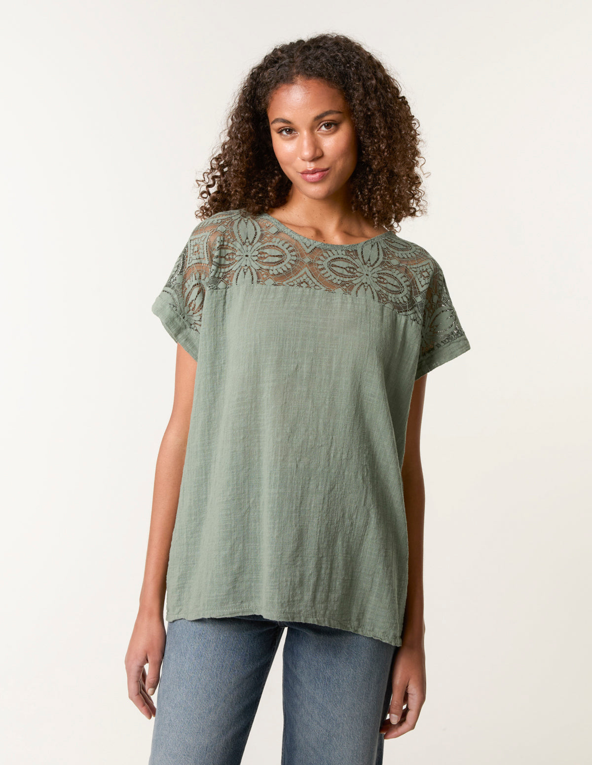 Lace Pattern Cotton Top - M KHAKI