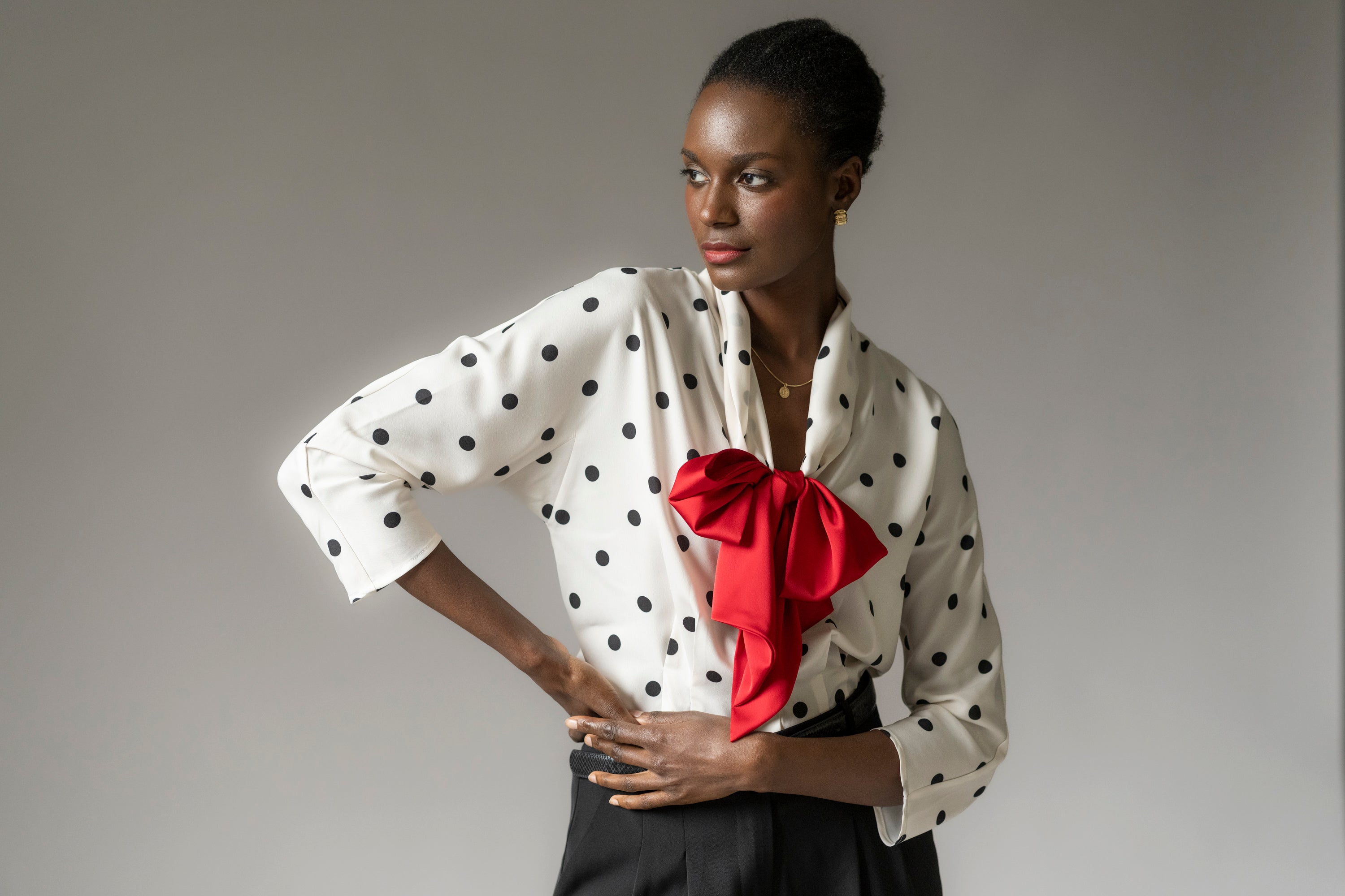 Celeste Tailored Fit Ivory & Black Polka Dot Blouse With Red Bow In Satin Crepe
