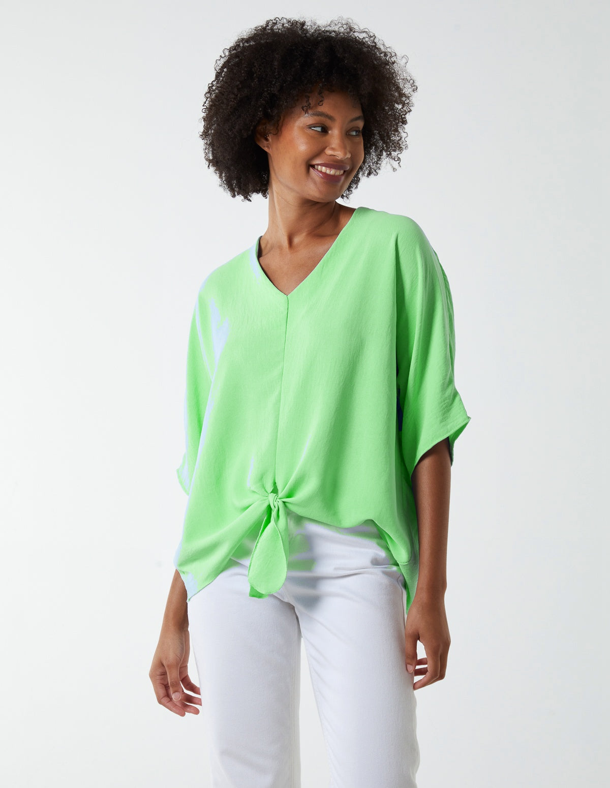 V Neck Tie Front Blouse - SM Green