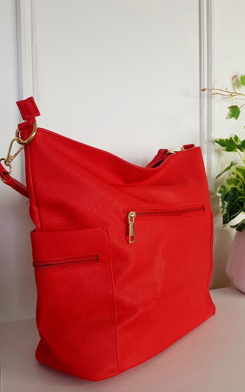 Faux Leather Shoulder Bag with Side Pocket Zip Detail - Red SZE