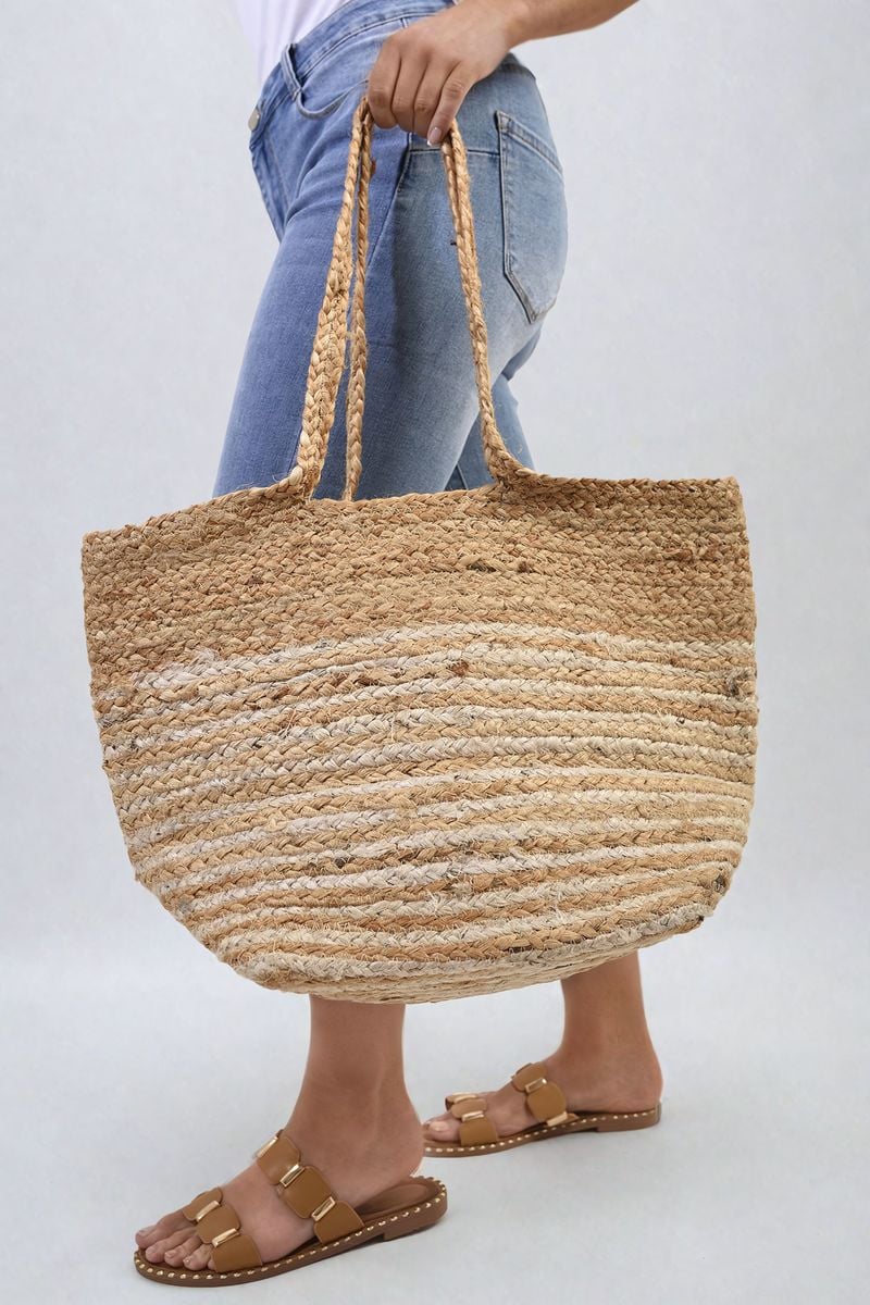 Striped Beach Braided Tote Bag - Natural One Size
