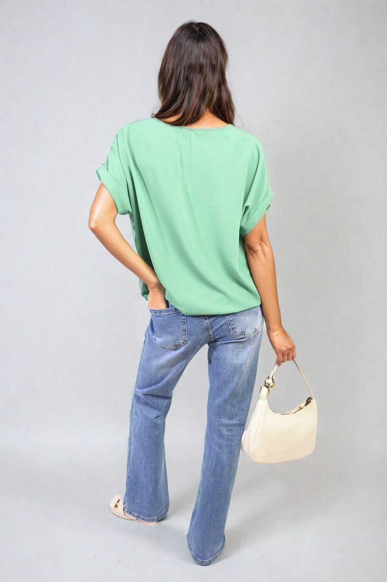 Short Sleeve Tie Front Top - Green SM
