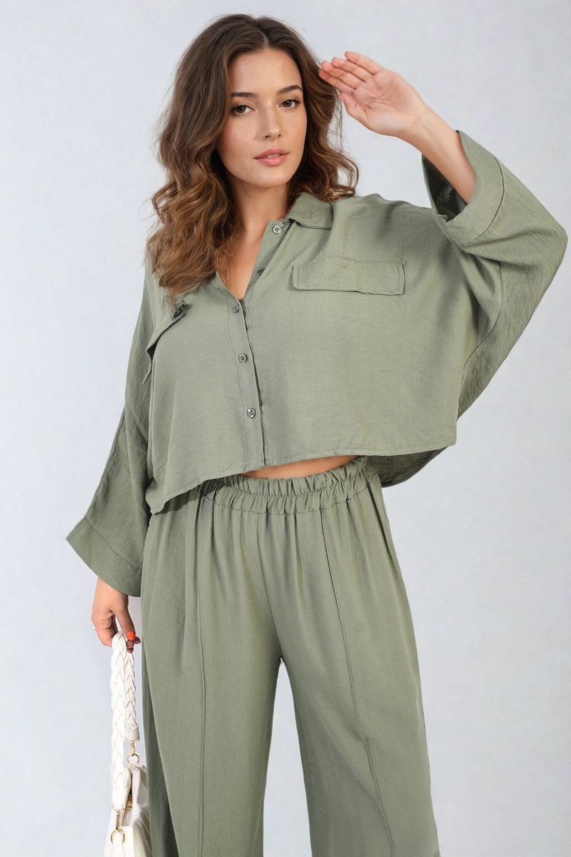 Oversized Long Sleeve Crop Top and Wide Leg Trouser Co-ord Set - Khaki SM