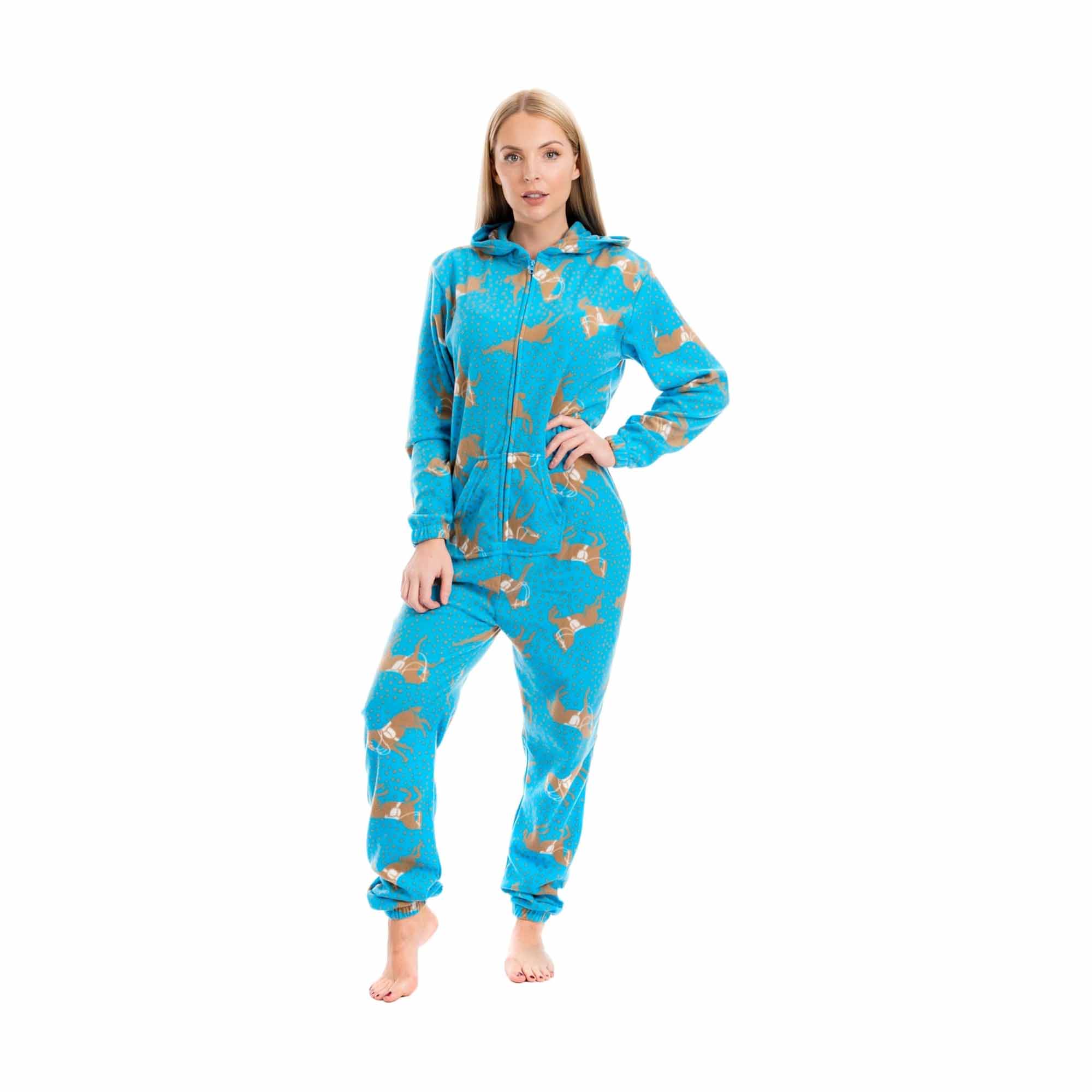 Ladies Soft Horse Print Fleece Hooded Onesie Pyjamas Warm Nightwear Jumpsuit with Zipper Elastic Cuffs Pink Blue Sizes
