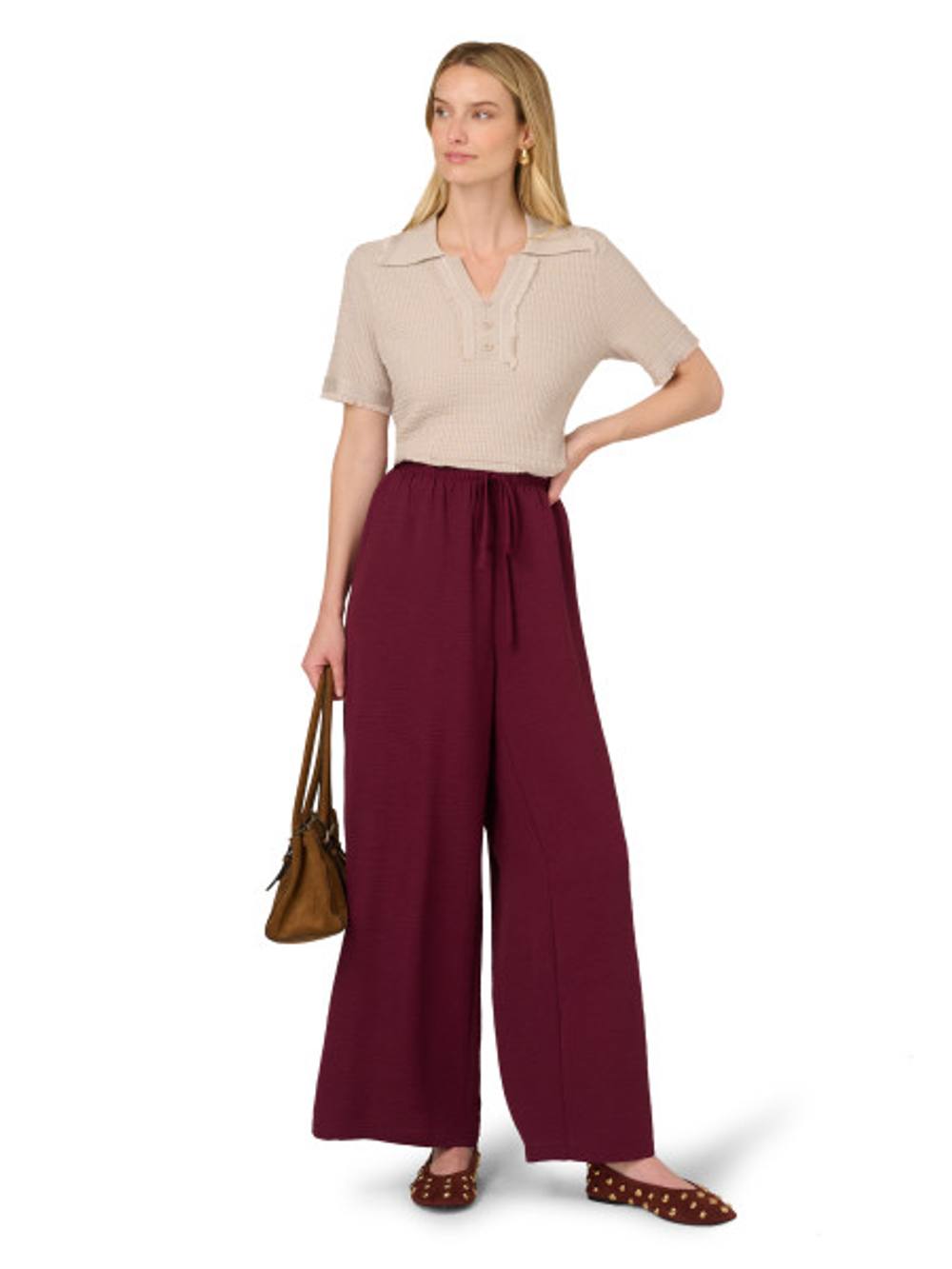 Adrianna Papell Wide Leg Skinny Waistband Pull On Trousers In Beige