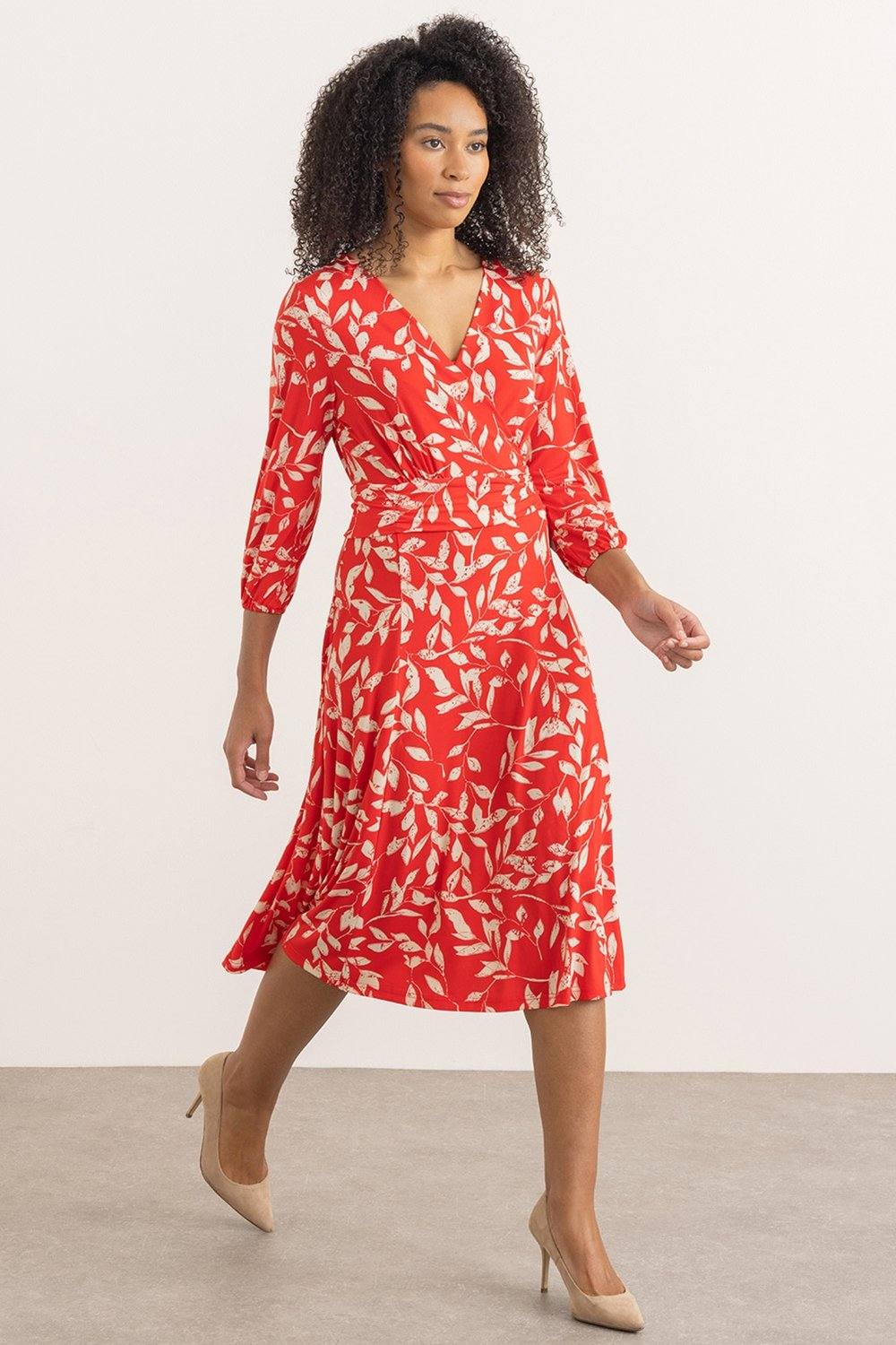 Klass. Leaf Printed Wrap Jersey Dress In Red
