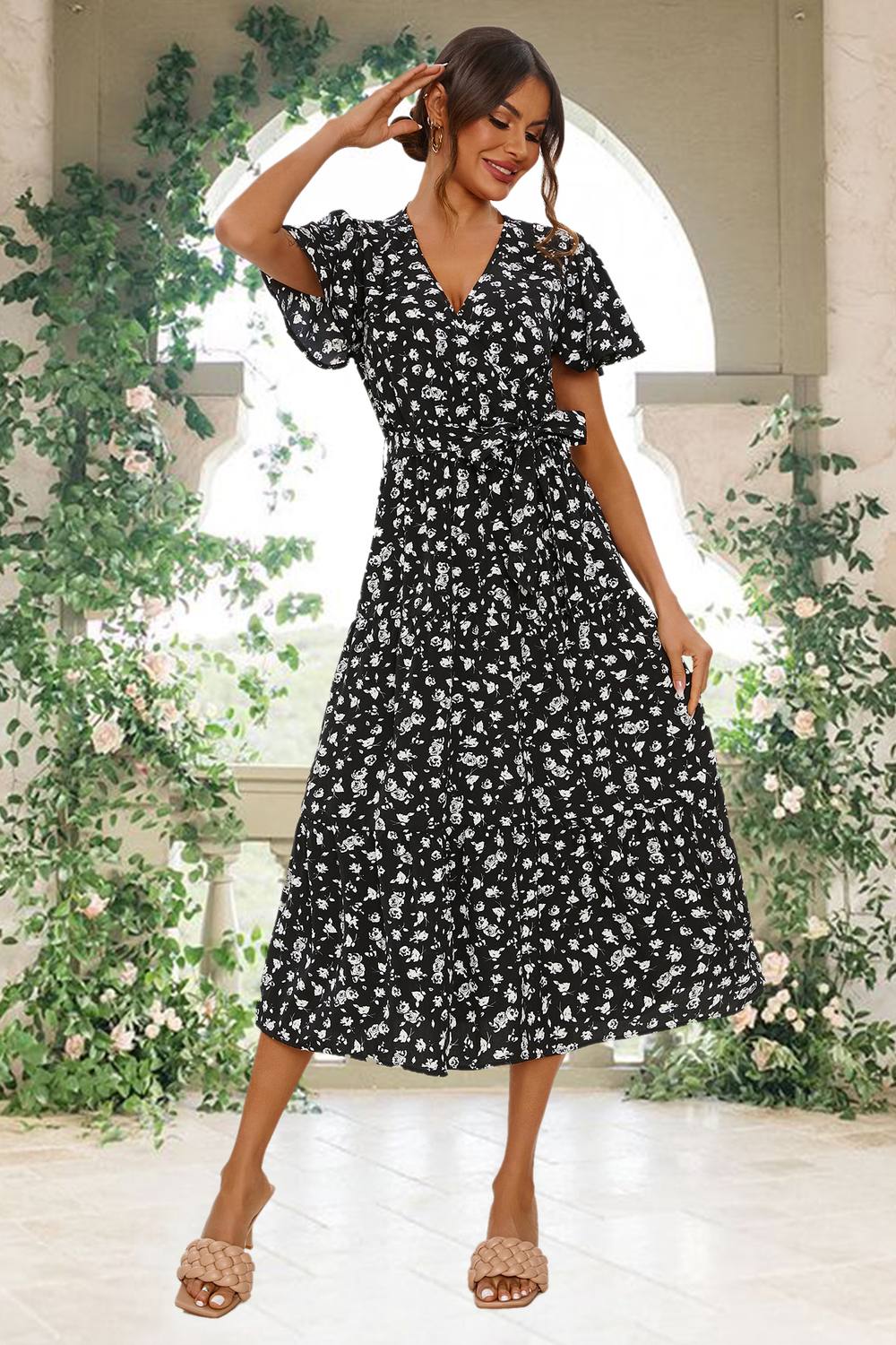 Fs Collection White Floral Print Hem Tiered Wrap Midi Dress In Black