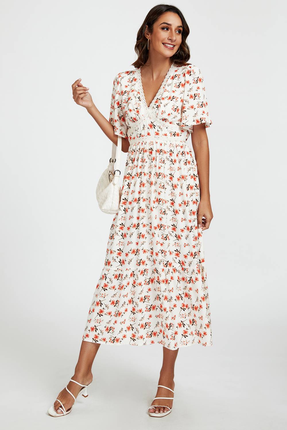 Fs Collection Red Floral Print Lace Detail Angel Sleeve Midi Dress In Cream In White