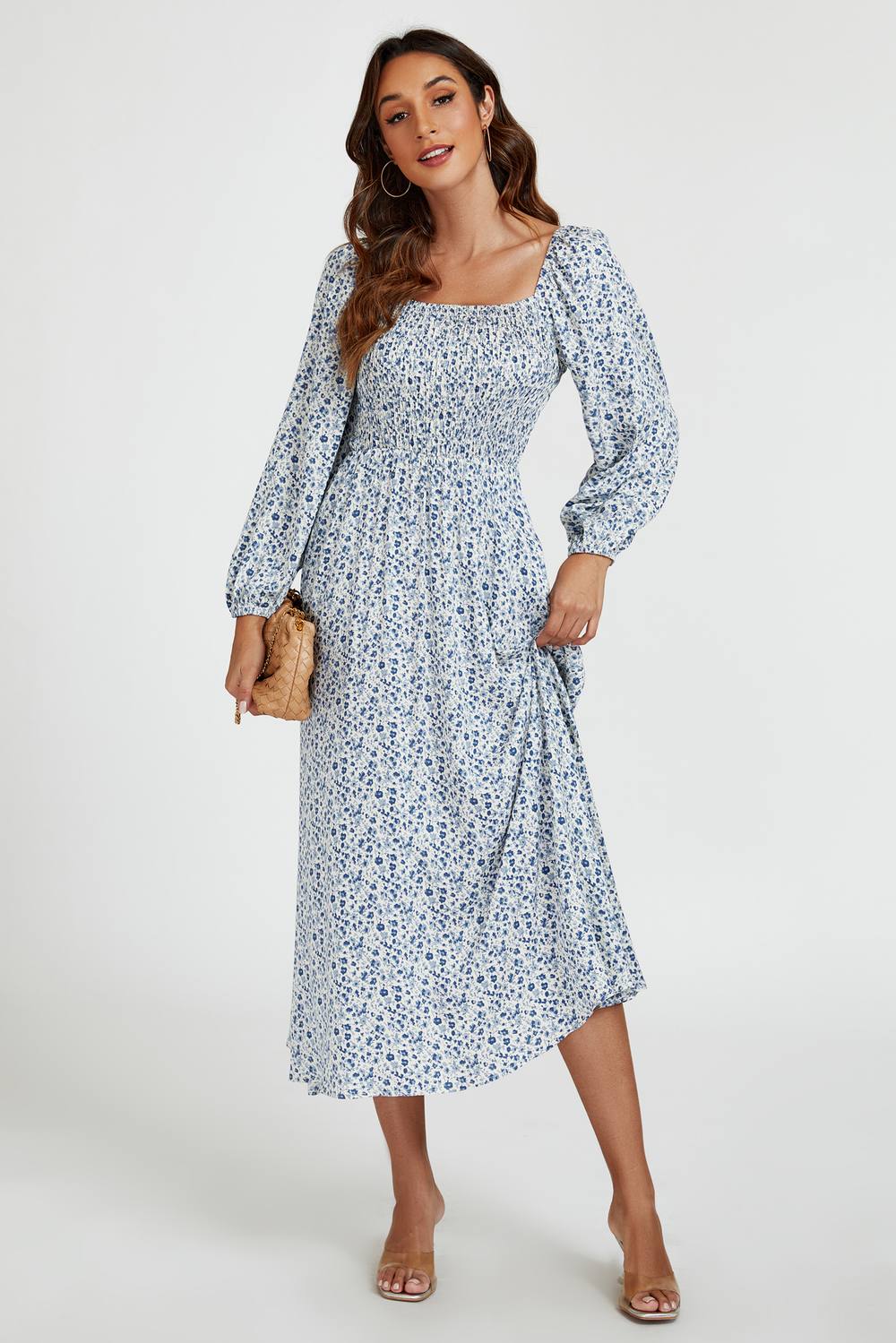 Fs Collection Floral Print Square Neck Maxi Dress In Dark Blue In Light Blue