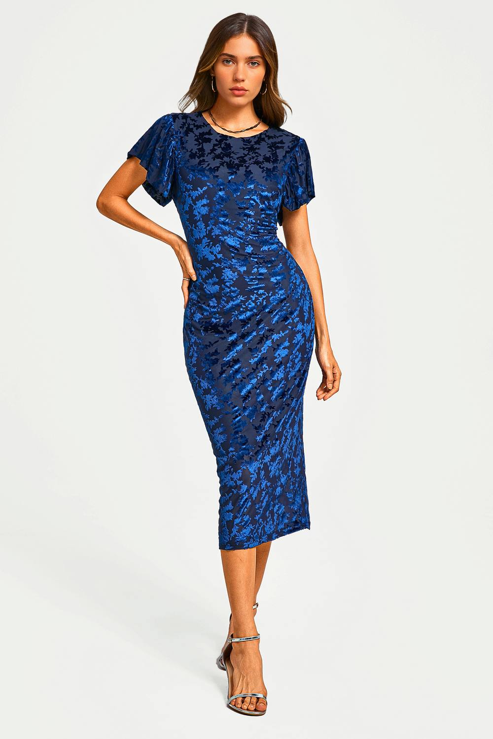 Fs Collection Floral Velvet Devore Puff Sleeve Bodycon Midi Dress In Navy
