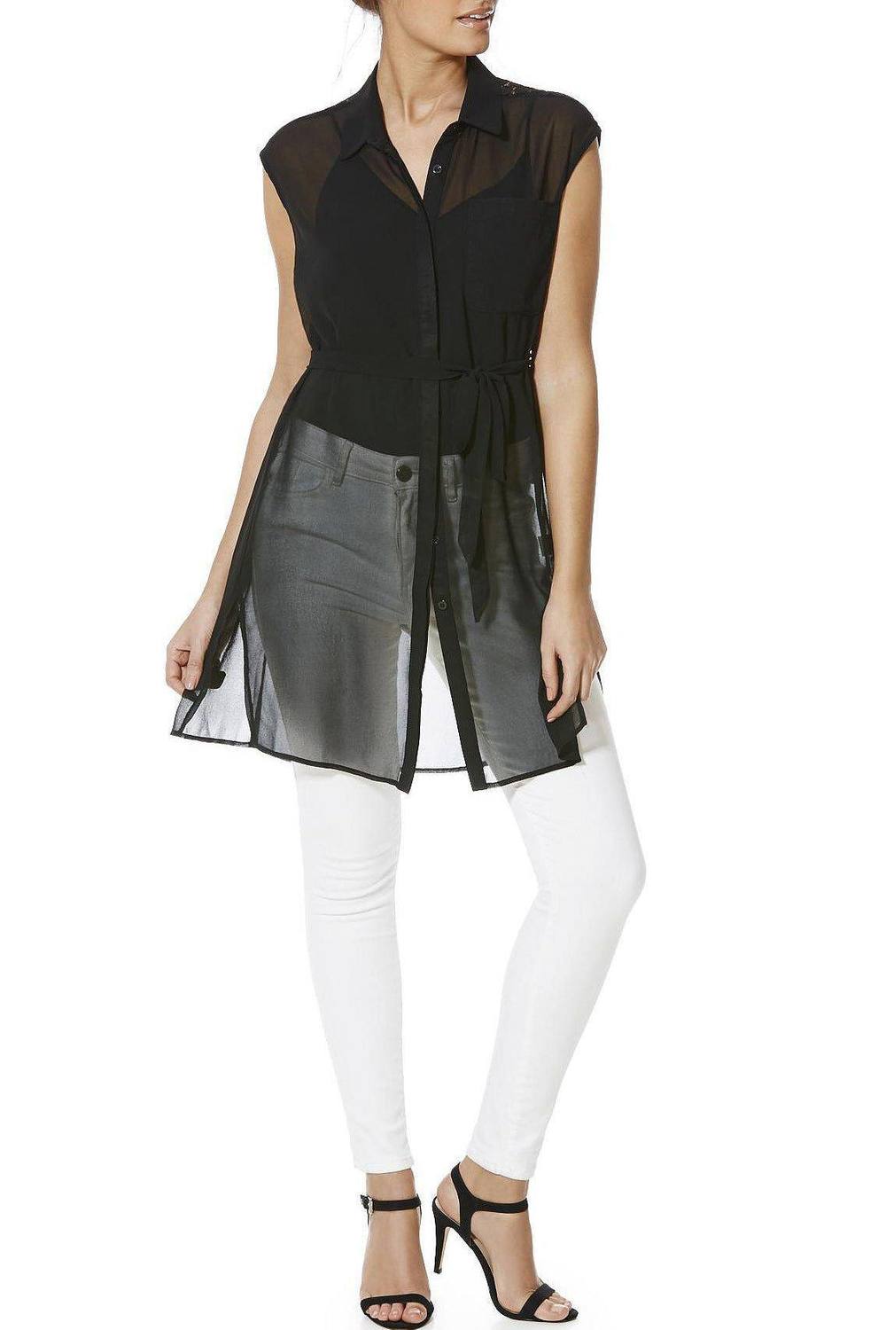 Cutie London Sheer Lace Panel Shirt Tunic Top In Black