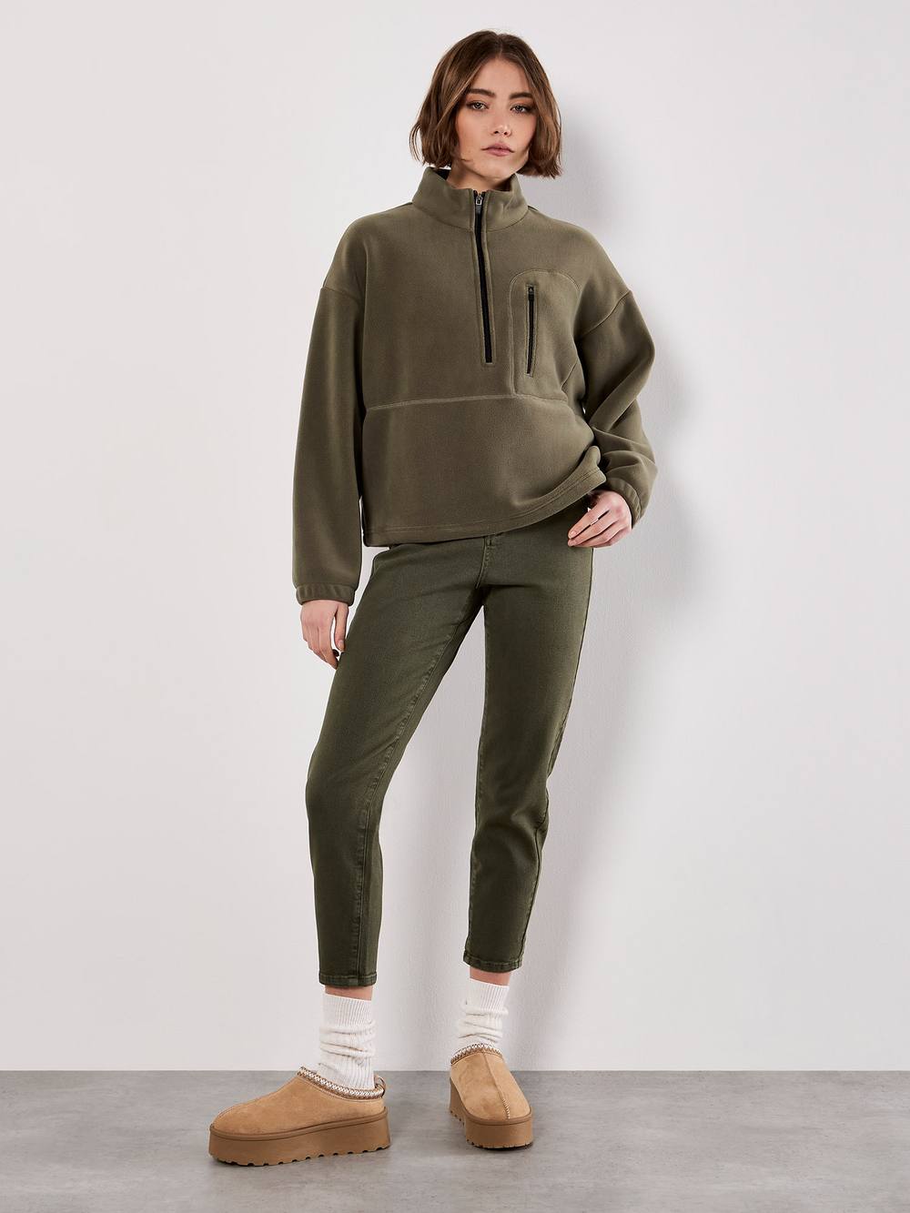 Apricot Zip Down Premium Fleece Jumper In Khaki