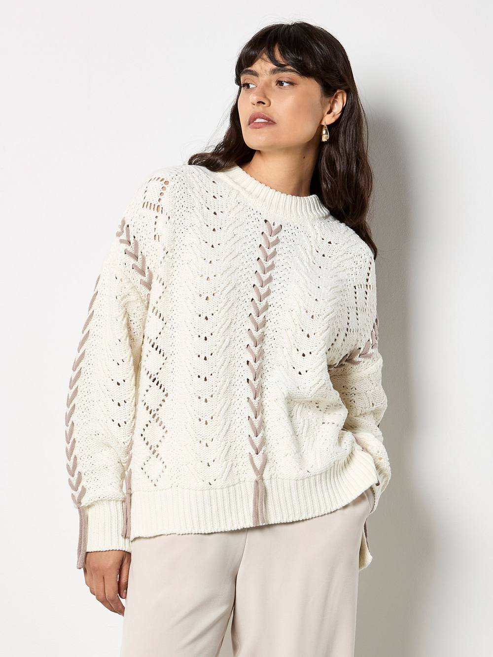 Apricot Pointelle Knit Lace Up Jumper In Cream