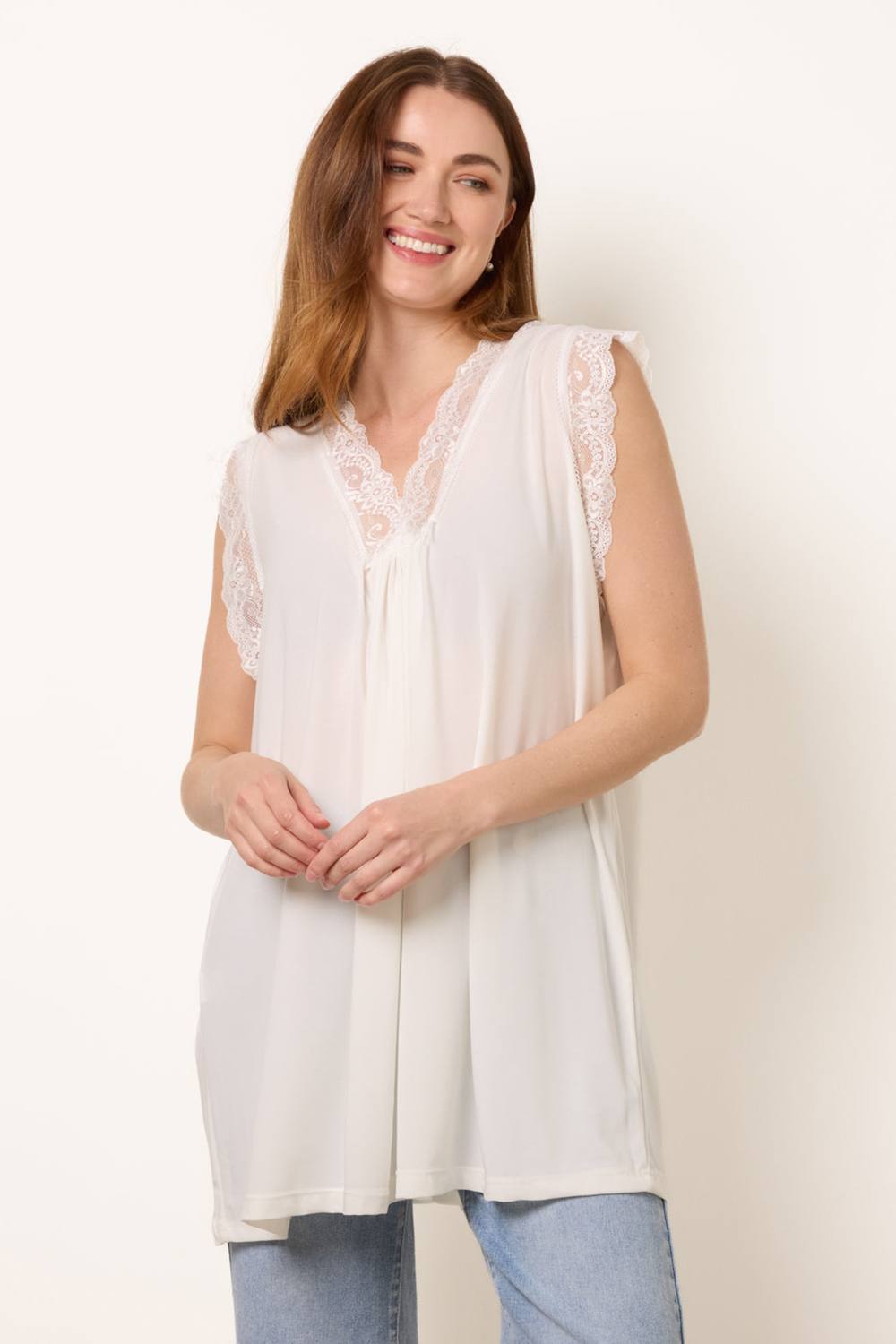 Blue Vanilla Ivory V Lace Trim Top