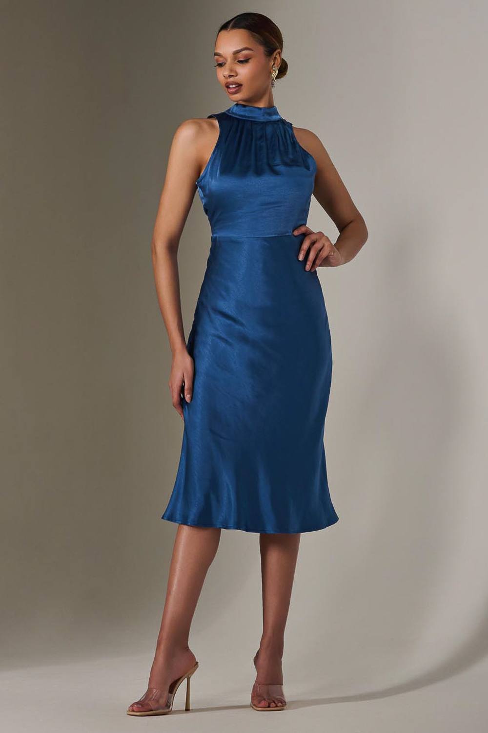 Jolie Moi Satin Halter Neck Midi Dress In Navy