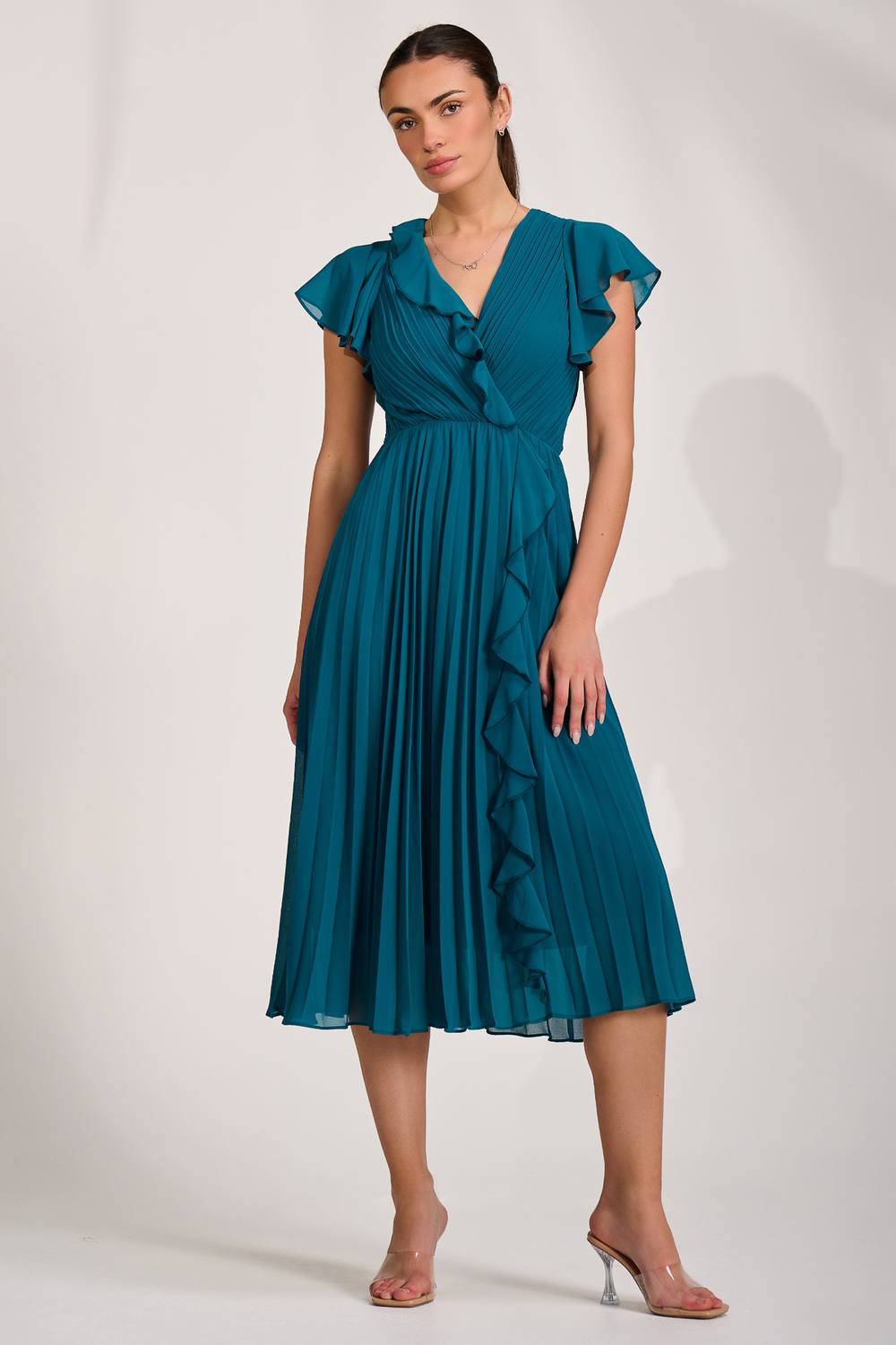 Jolie Moi Ruffle Pleated Chiffon Midi Dress In Teal