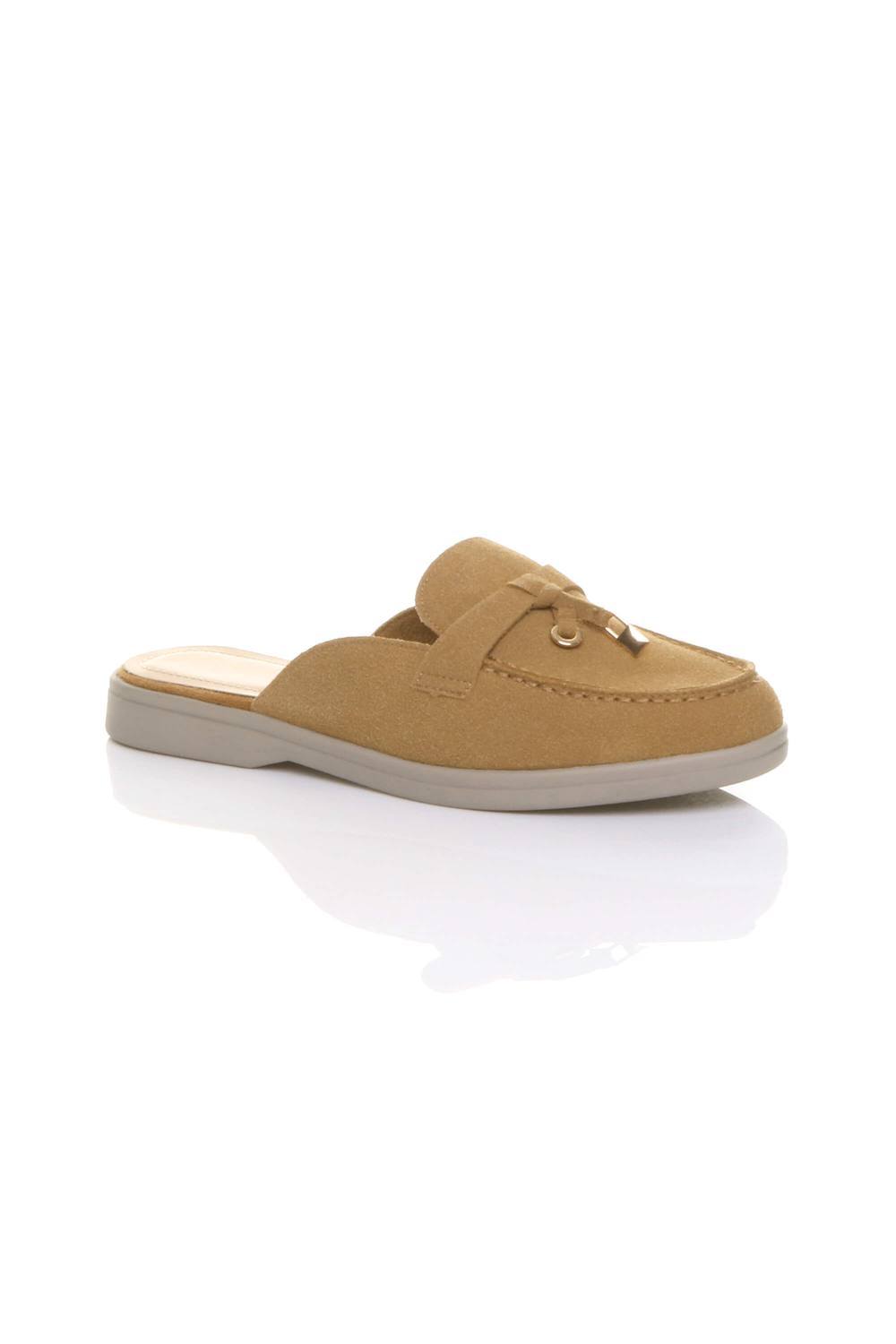 Ajvani Flat Heel Slip On Open Back Loafers Mules In Camel