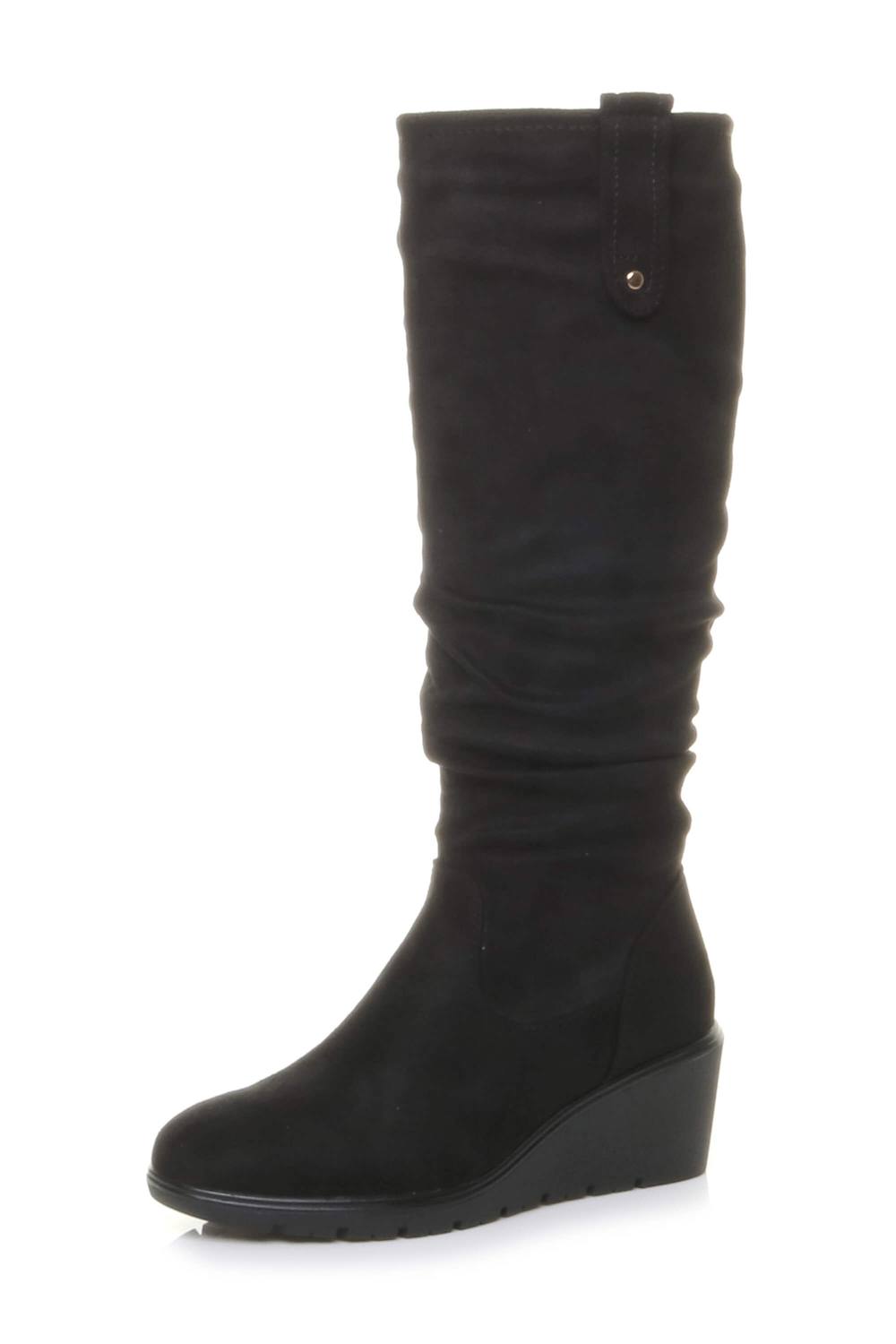 Ajvani Mid Wedge Heel Slouch Knee High Calf Boots In True Black
