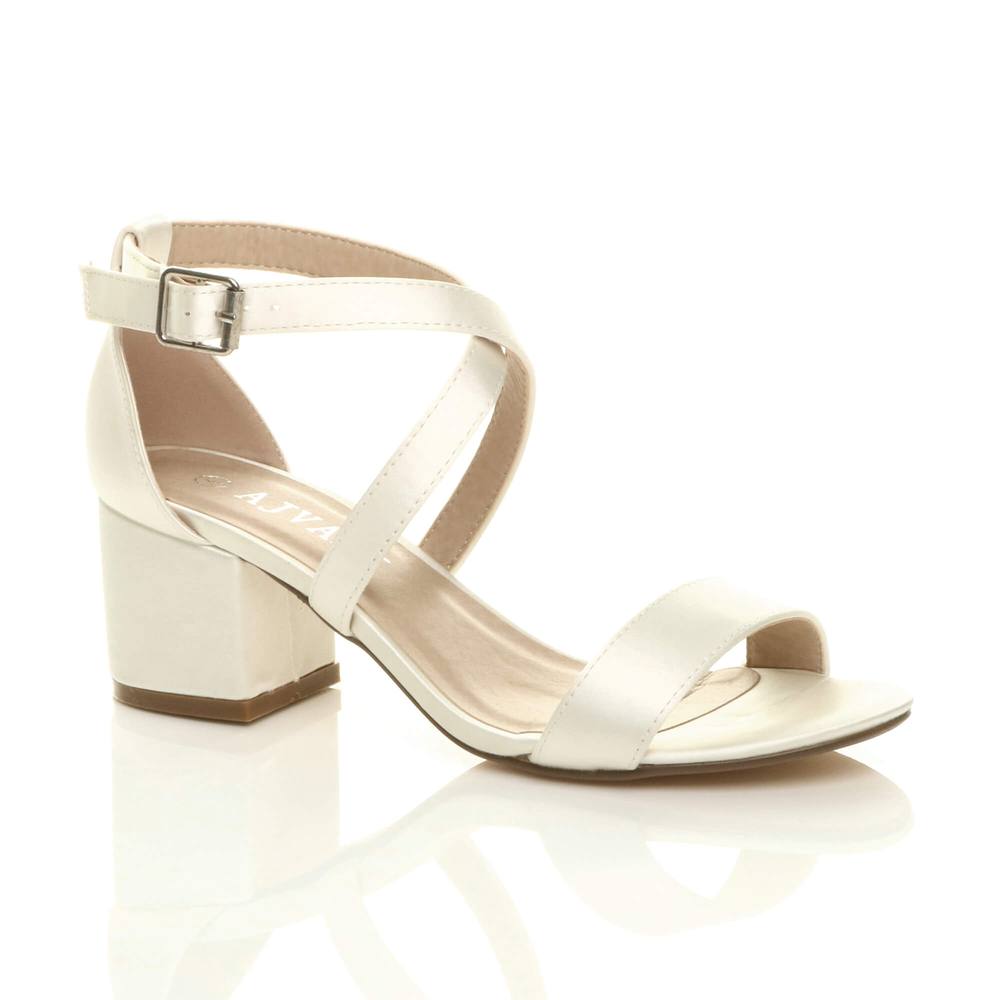 Ajvani Mid Block Heel Crossed Straps Satin Heeled Sandals In Ivory
