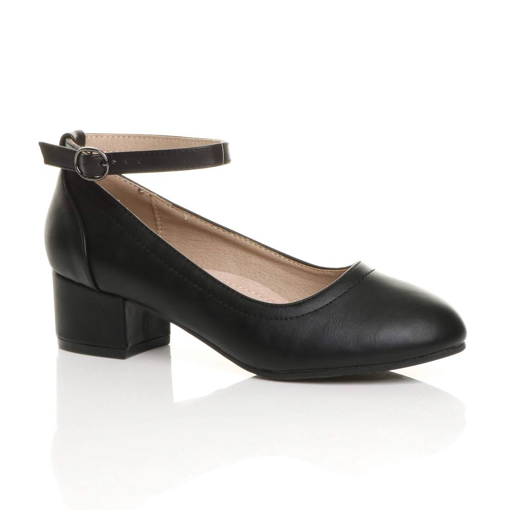 Ajvani Low Heel Ankle Strap Court Shoes In Black