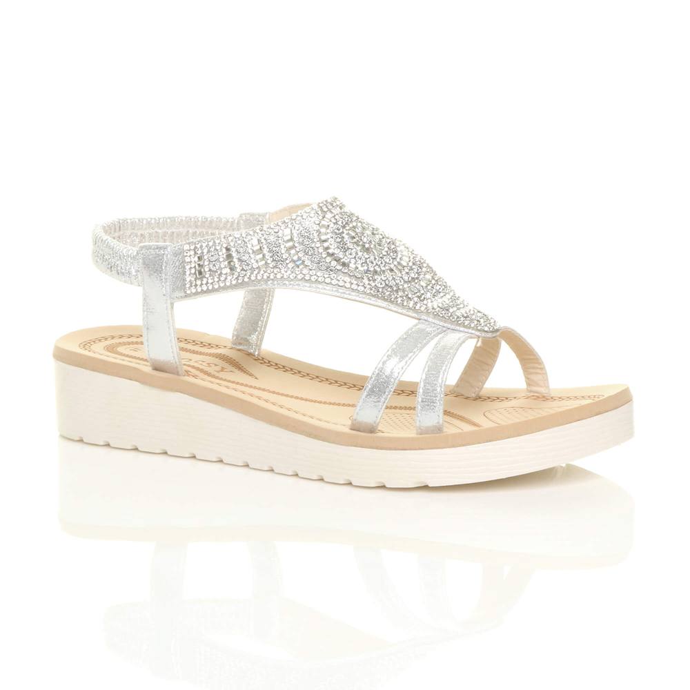Ajvani Low Wedge Heel Diamante Bar Slingback Sandals Flatforms In Silver