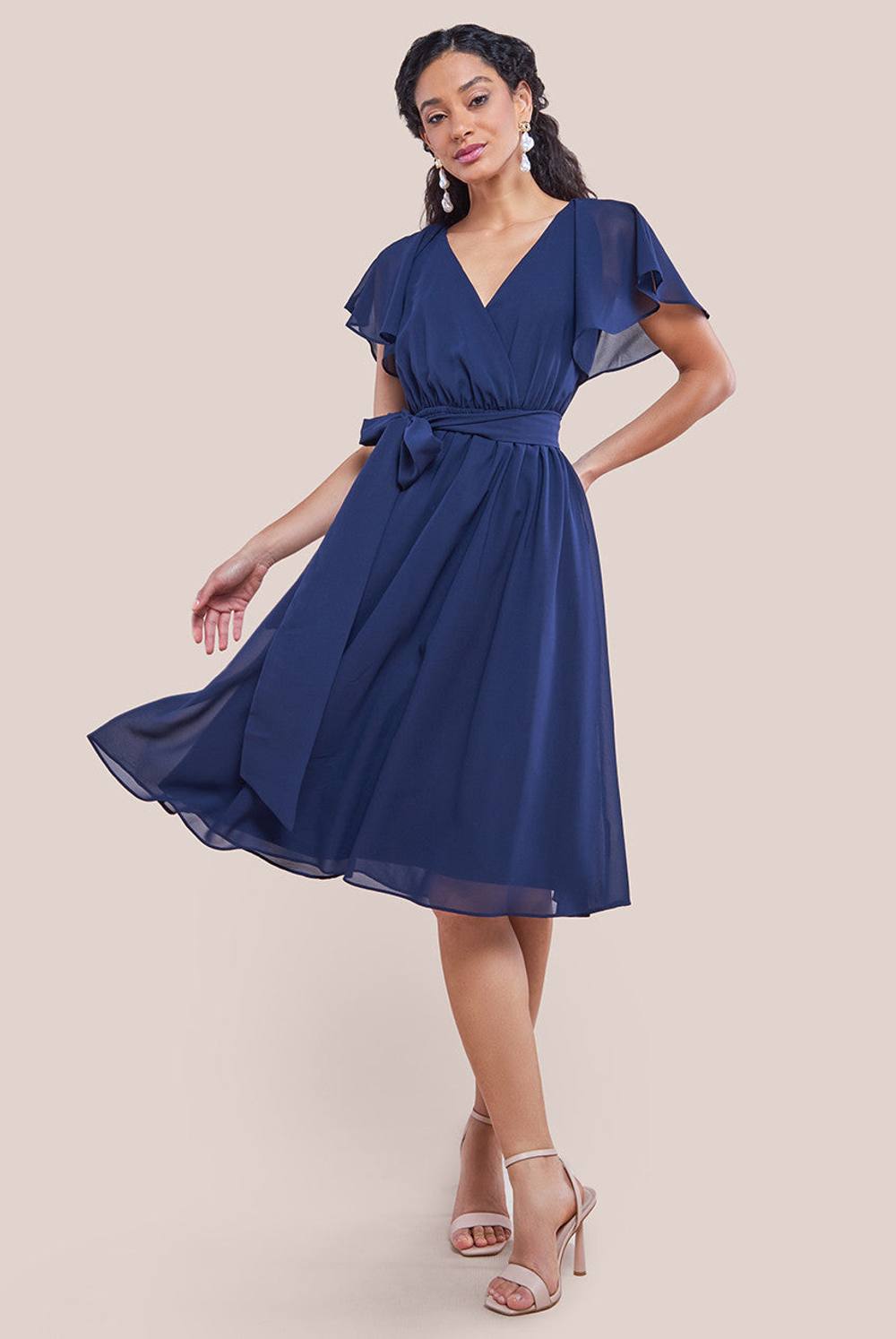 Goddiva Flutter Sleeve Chiffon Wrap Midi Dress In Navy