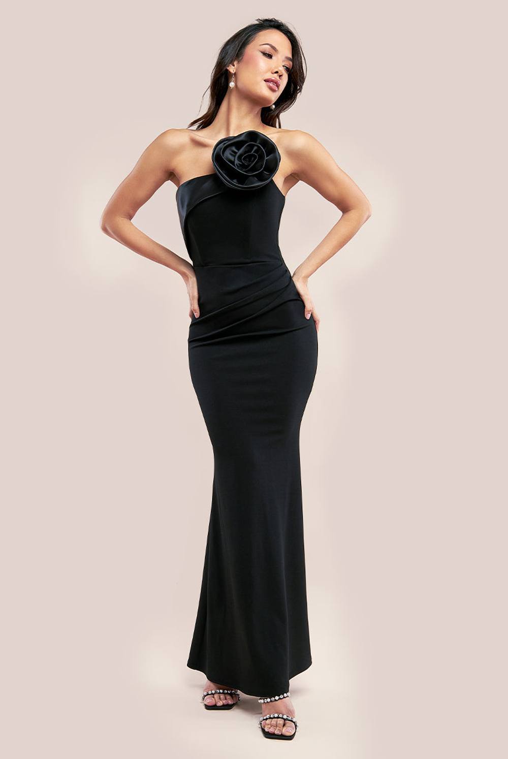 Goddiva Satin Corsage Scuba Crepe Maxi Dress In Black