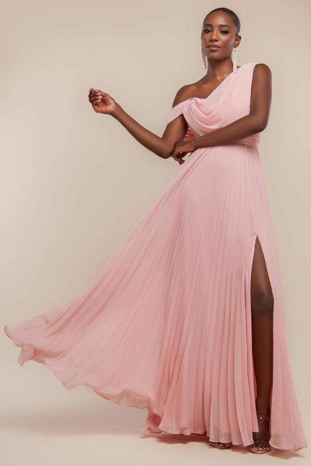Goddiva Cowl Neck One Shoulder A Line Chiffon Maxi Dress In Light Pink