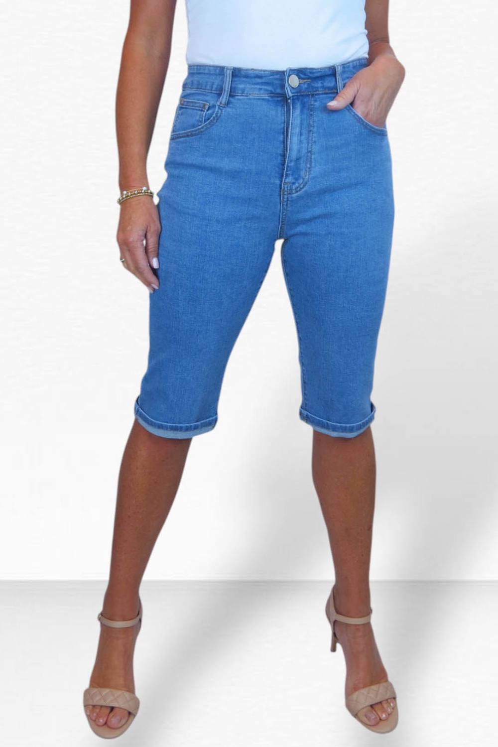 Paulo Due High Waist Knee Length Jean Shorts In Mid Blue