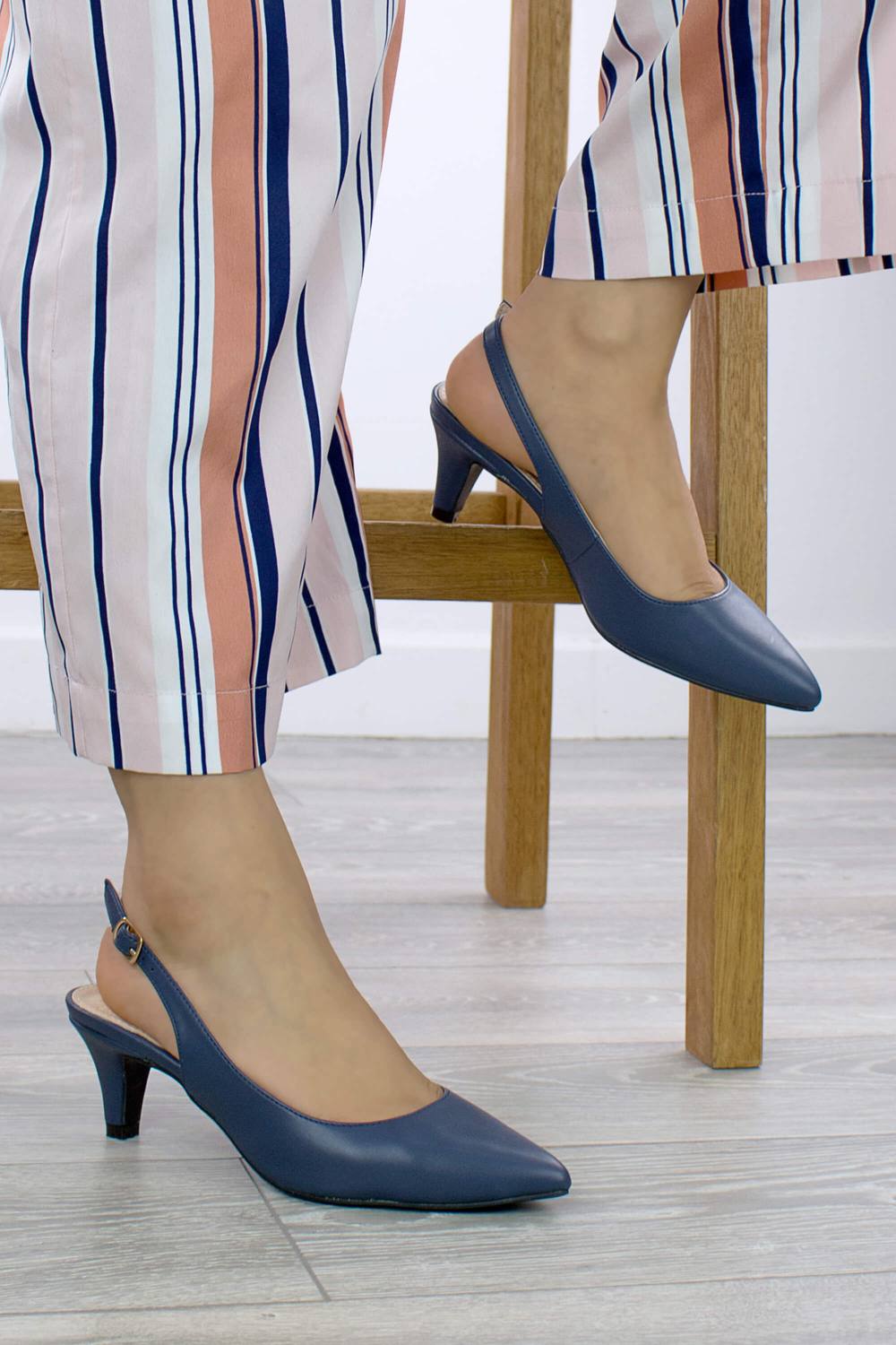 Ajvani Mid Slim Heel Pointed Toe Slingback S Faux Leather Court Shoes In Navy