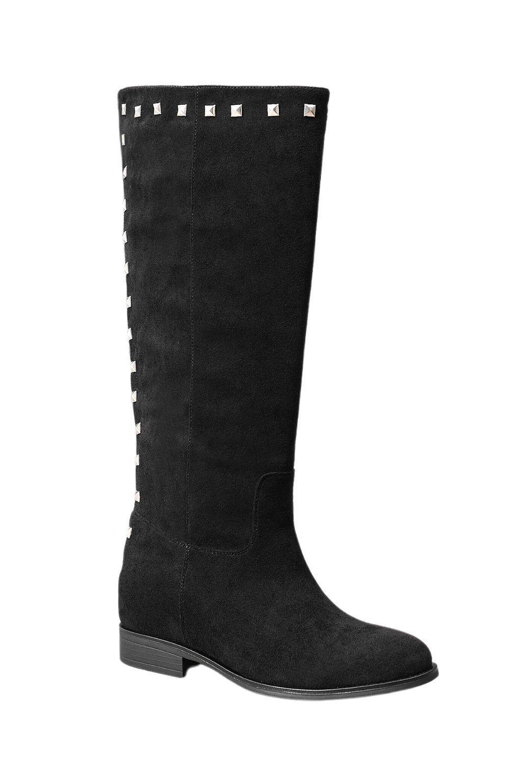 Ivachy Fashion Studs Smart Flat Knee Suede High Boots With Zip Closure In Black