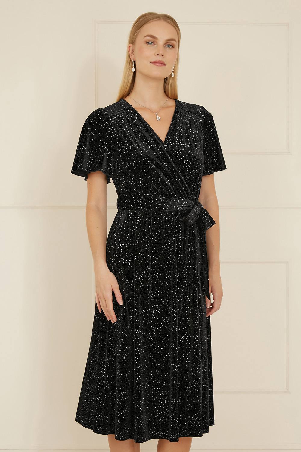 Yumi Black Velvet Sparkle Wrap Midi Dress