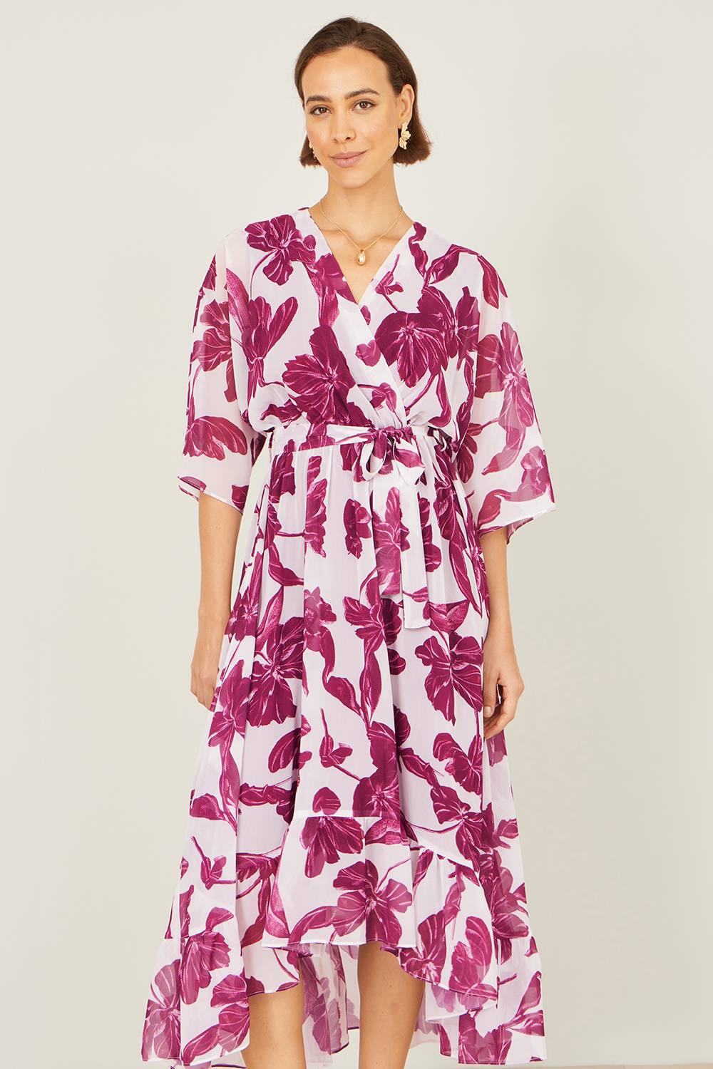 Yumi White And Pink Kimono Sleeves Midi Dip Hem Wrap Midi Dress