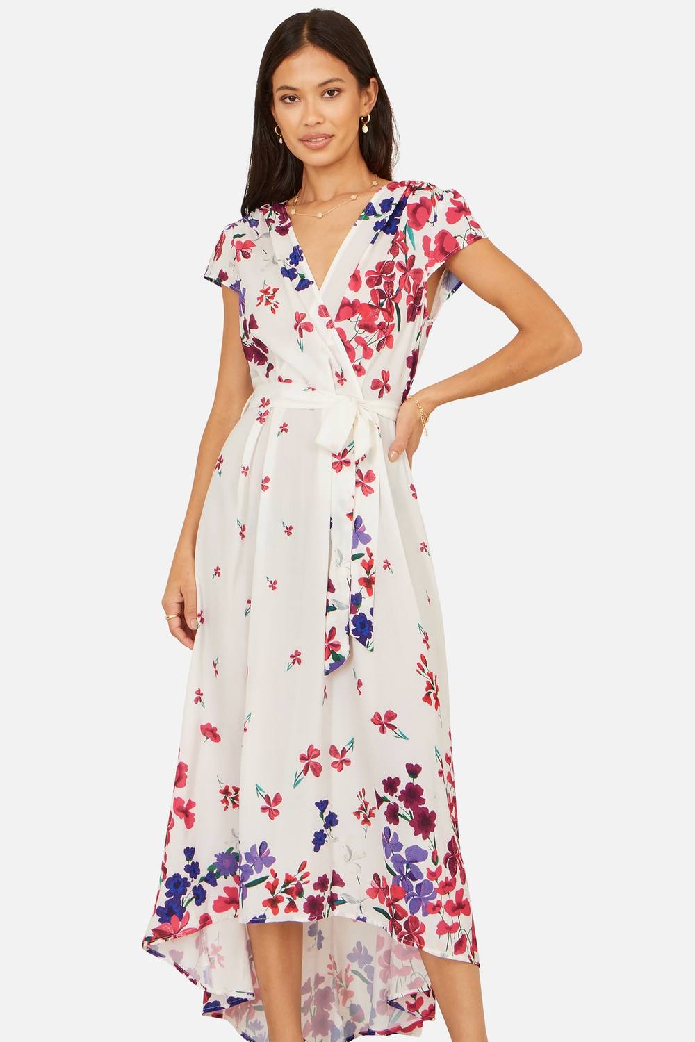 Yumi Floral Mirror Wrap Dress With Dip Hem In White