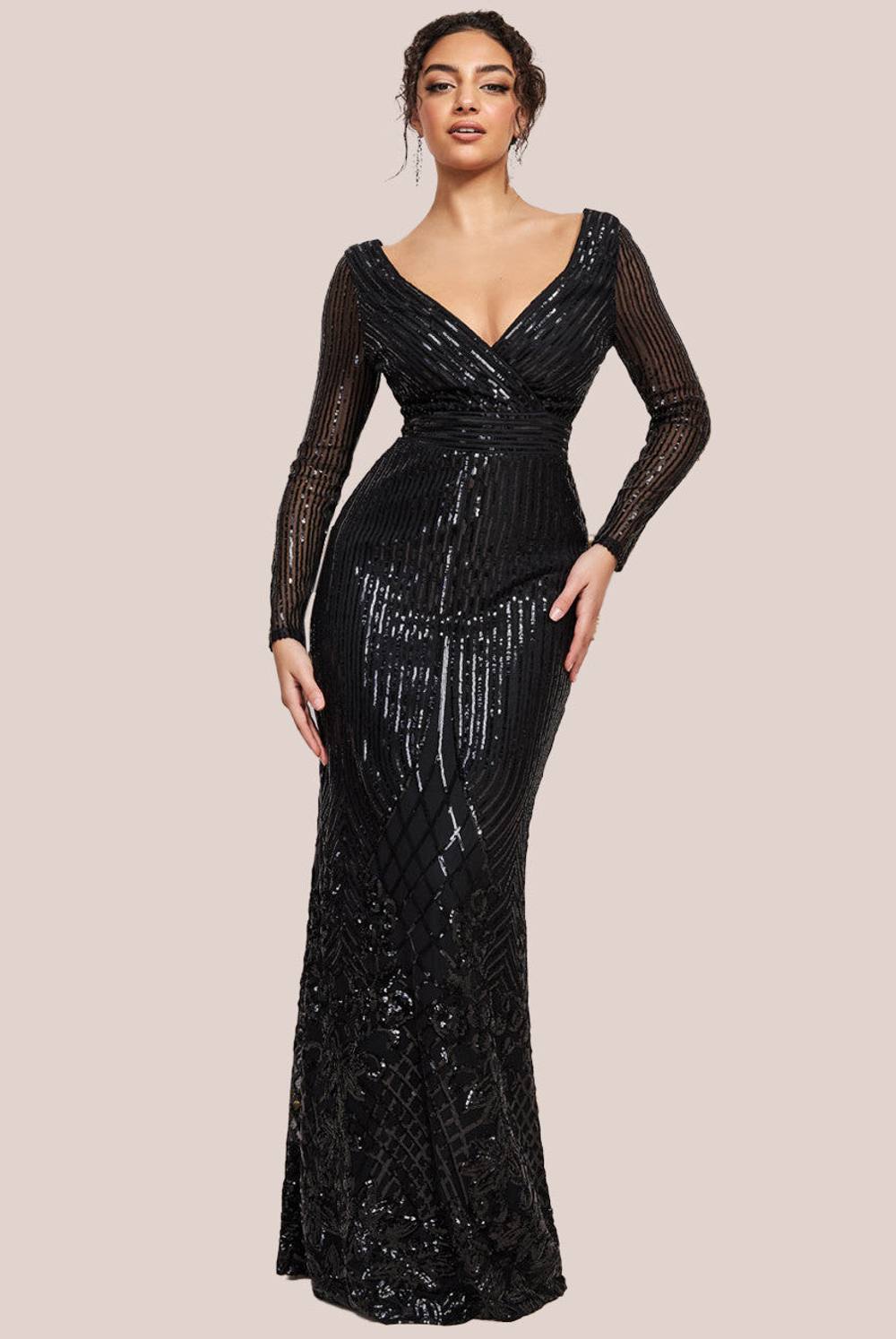 Goddiva Long Sleeve Sequin V Wrap Maxi Dress In Black