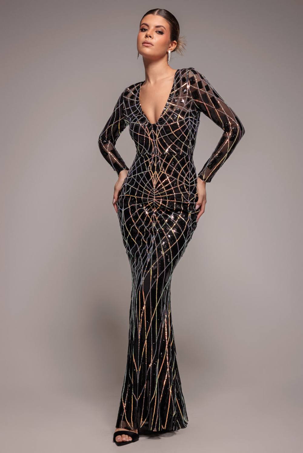 Goddiva Geo Sequin Long Sleeve Maxi Dress In Black