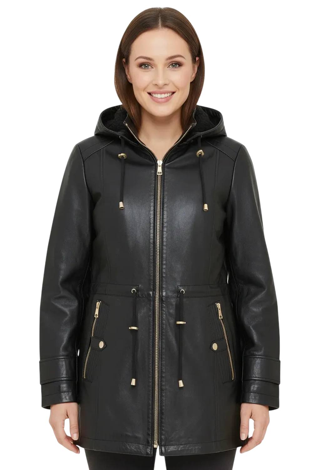 Infinity Leather Leather Parka Removable Borg Hooded Trench Coat - Emilia In Black